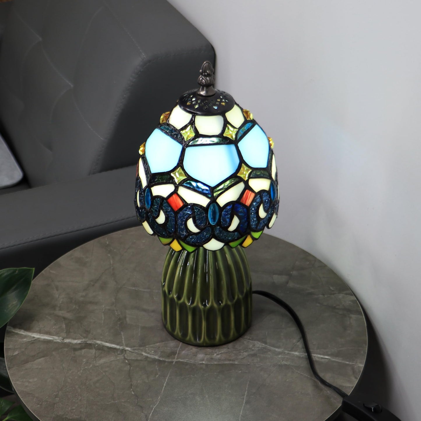 HTDSC Tiffany Stained Glass Table Lamp Blue Crystal Baroque 12.5 Inch