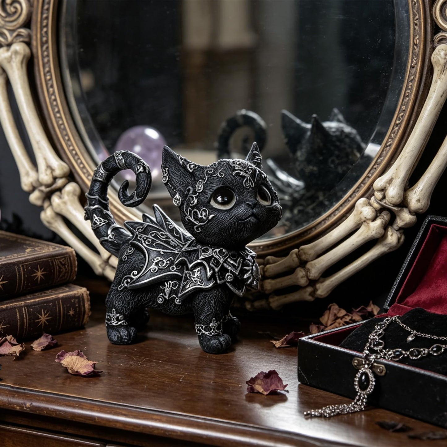SACOJUCHY Mystical Black Cat Statue Elegant Silver Accented Kitten Sculpture Intricate Gothic Home Decor Enchanting Figurine for Cat Lovers, Witchy Aesthetic, & Unique Gifts