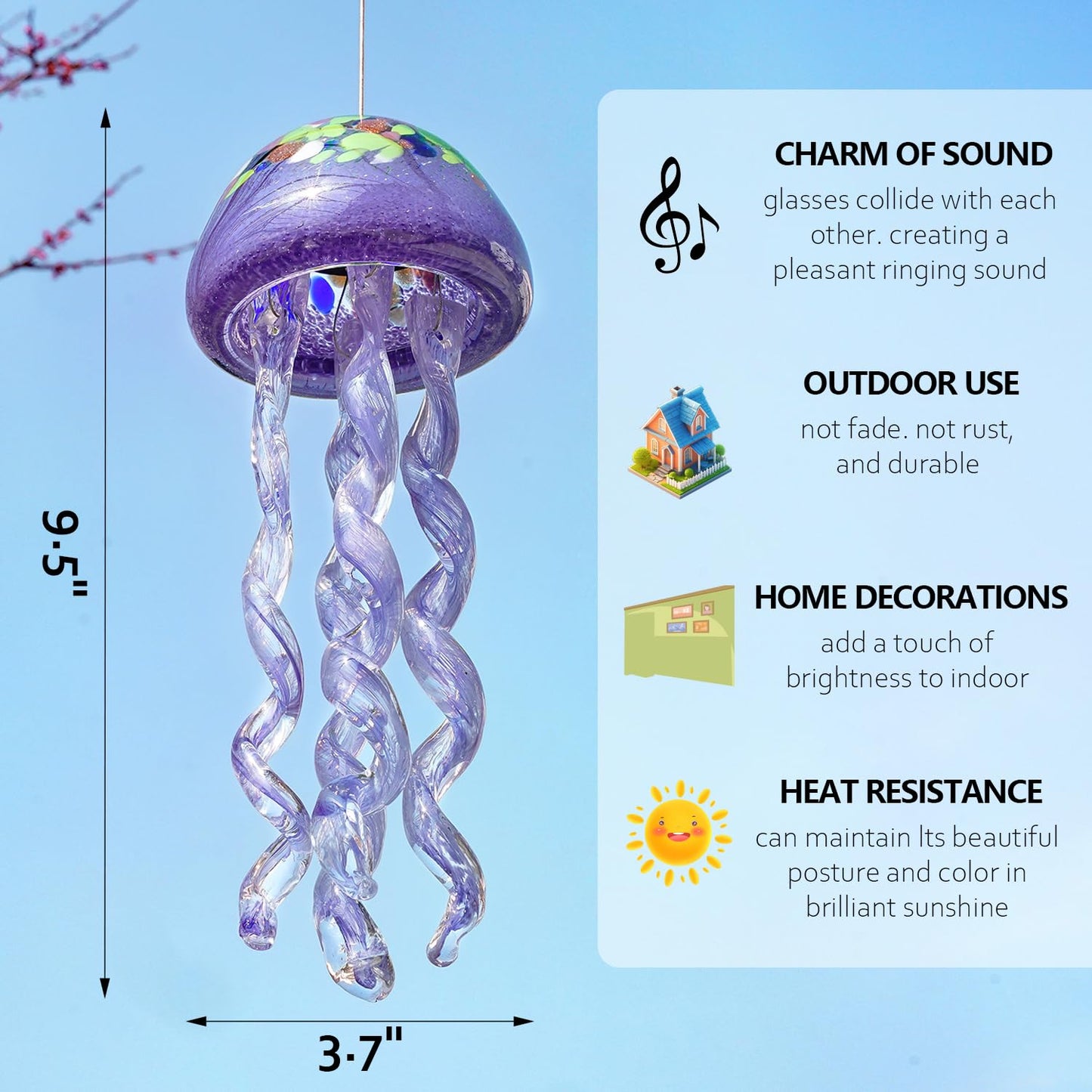 H&D HYALINE & DORA Purple Blown Glass Jellyfish Wind Chime Sea Glass Wind Chimes for Outside Jellyfish Wind Chimes Outdoor Sea Glass Decor for Patio Garden Balcony Porch(14in)