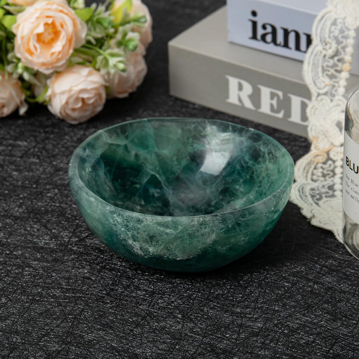 MOGEMT Large Green Fluorite Crystal Bowl Hand-Carved Round Fluorite Crystals Gemstone Bowl Reiki Healing Home Decoration Gift 4-4.5"