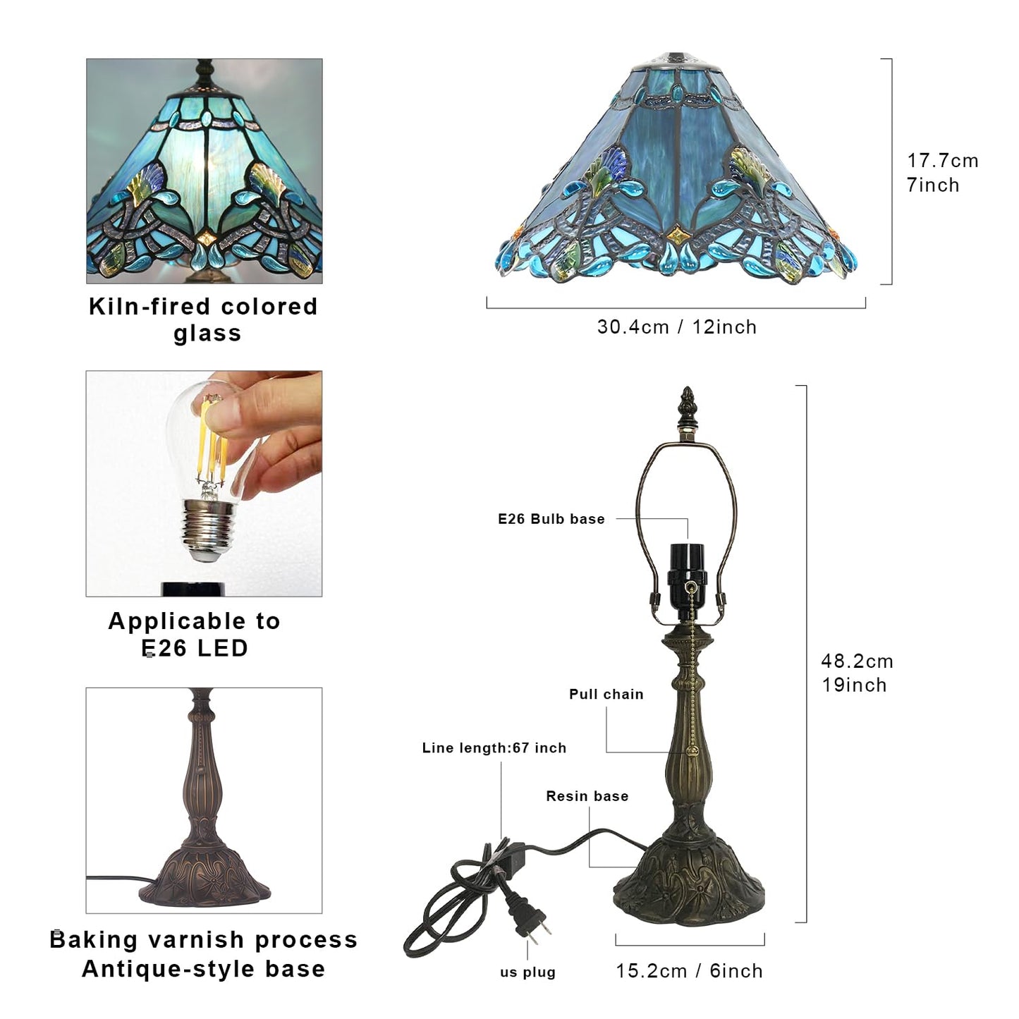 TFNTCYG Tiffany Table Lamp,Blue Victorian lamp,12x12x19 Inche Stained Glass Lamp,Vintage Bedside Light.(Baroque)