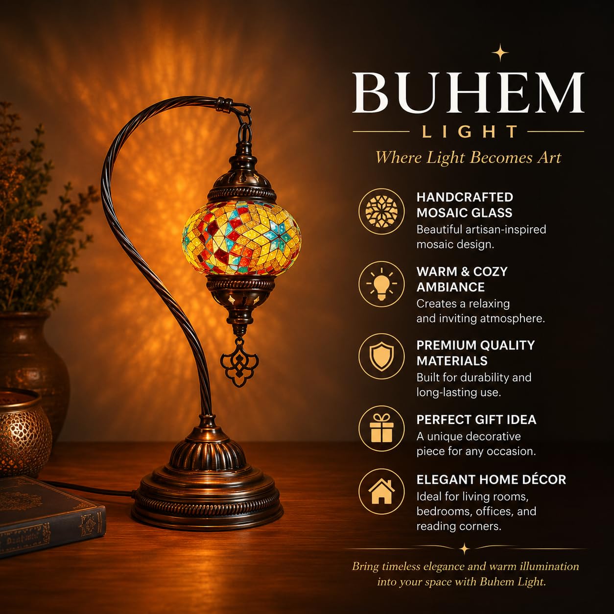 Buhem Light Turkish Mosaic Lamp Tiffany Style Handmade Swan Neck Table Lamp, Made in Turkey, Antique Bronze Glass Bedside Lamp, Boho Home Decor Gift