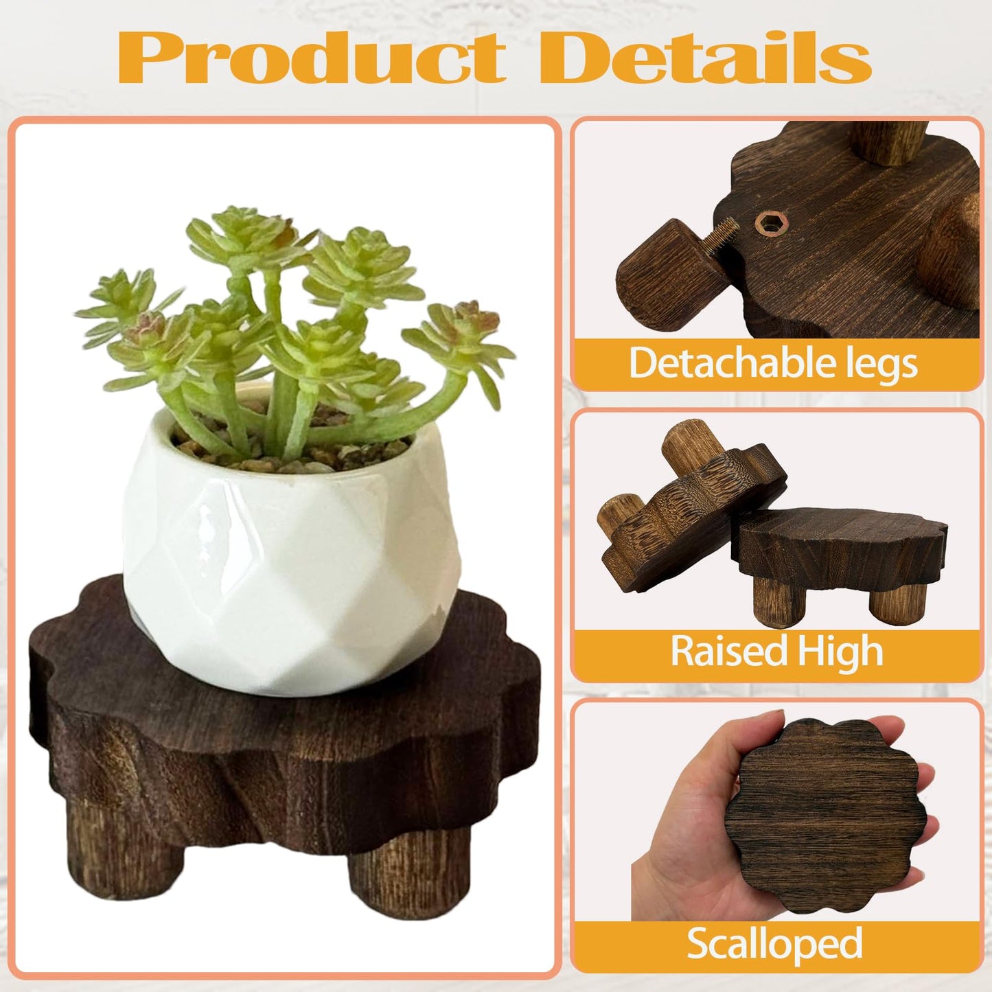 DEMULANS 3 Pack Tiny Scalloped Wood Risers for Display ,Small Wooden Stands with Removable Feet Farmhouse Rustic Decor for Table Tiered Trays Home Kitchen Decoration (Mini Dark Brown, 4 Inch)
