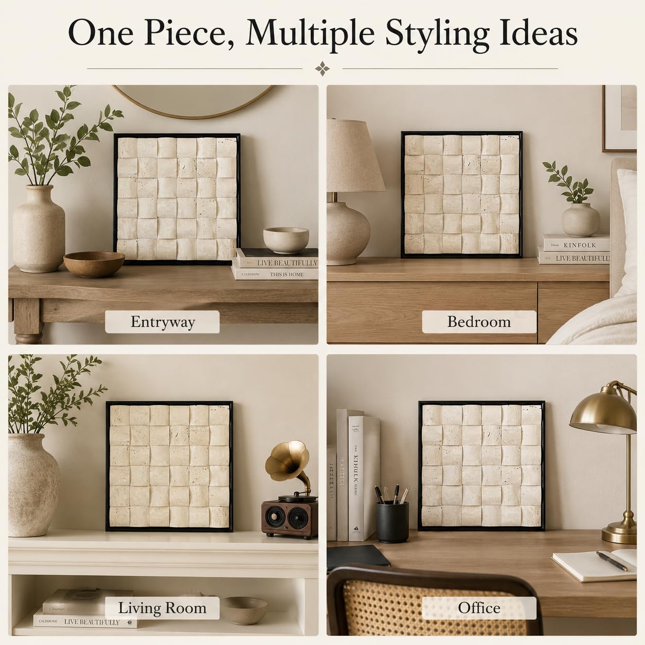 SIRIZEN-DIVING 3D Decorative Travertine Wall Art, Natural Stone Mosaic,Black Frame, Marble Decor, Marble Painting (Beige)
