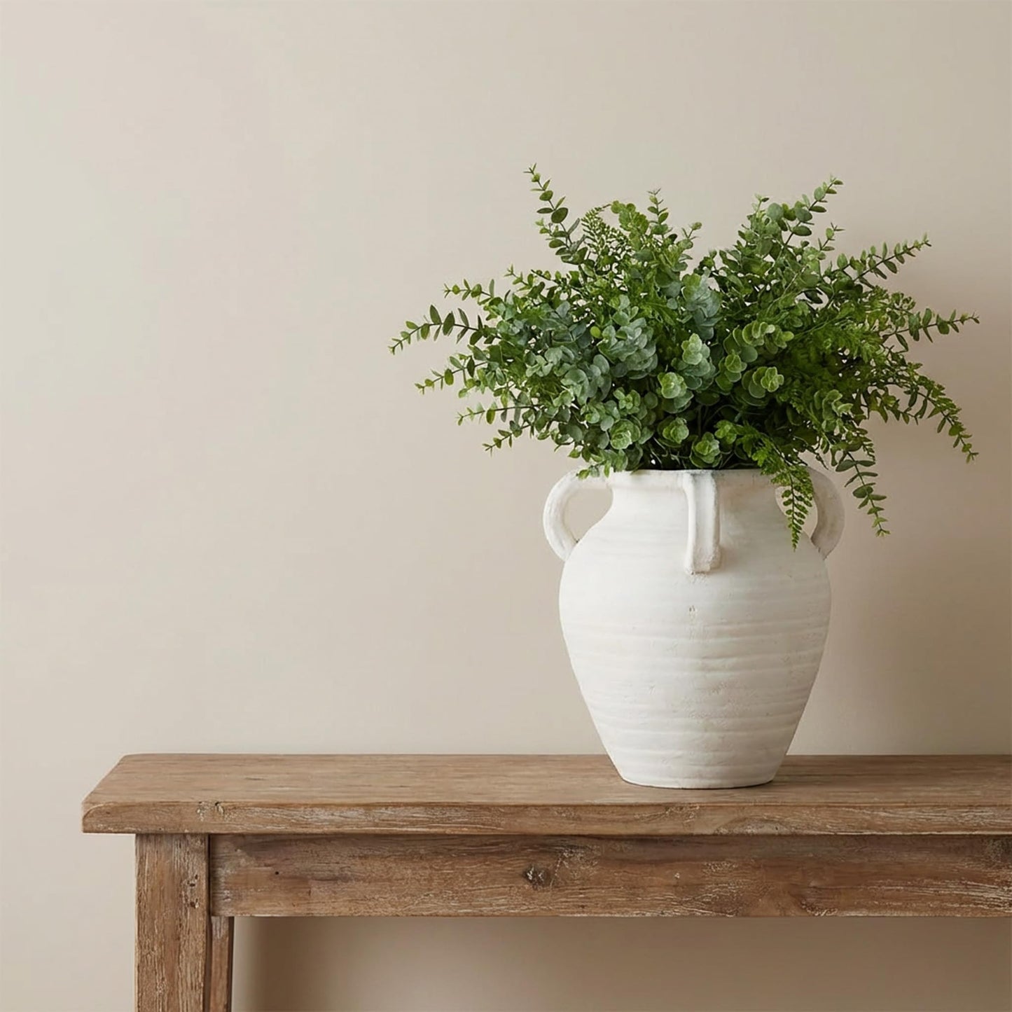 Rustic White Ceramic Vase, Wide Mouth Terracotta, Antique Decorative Flower Vase with 4 Handles, 9.7 in
