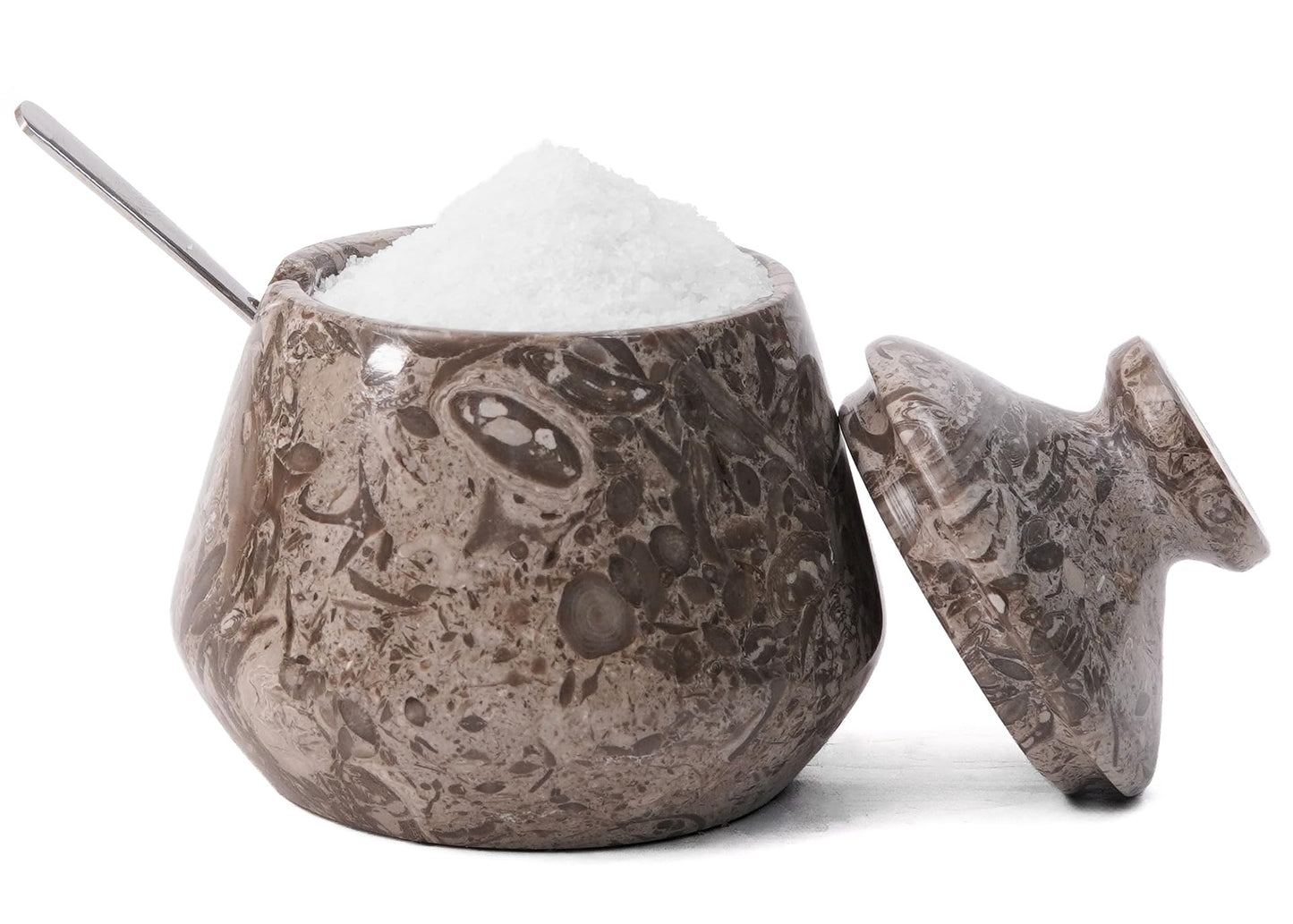 EARTHEN CRAFTS Marble Salt Cellar with Lid and Spoon 3" Inches Oceanic Salt Box, Natural Stone Salt Holder for Kitchen Counter, Sugar Container, 3 OZ Capacity