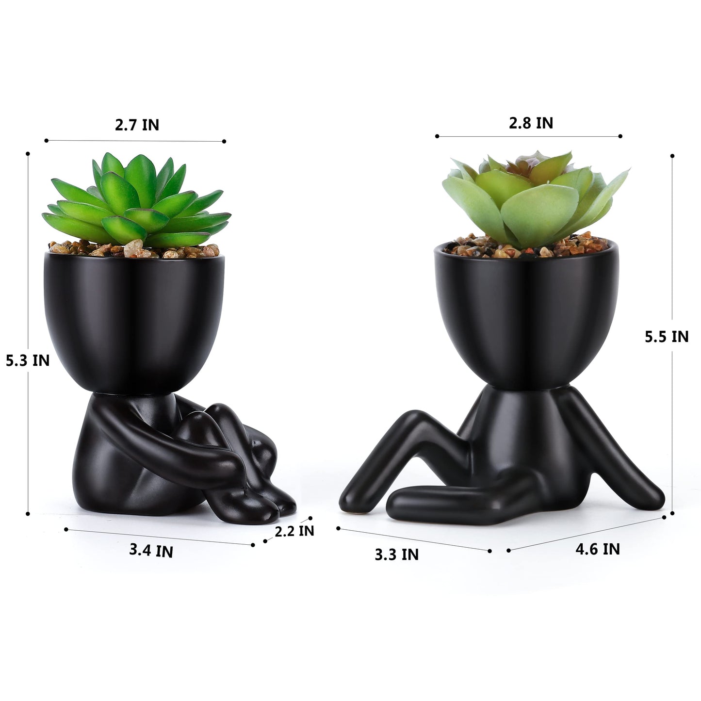 WOODWORD Fake Succulent, Mini Succulents Plants Artificial in Black Modern Human Shaped Ceramic Pots Desk Decor Desk Plant for Office Decor for Women, Cute Fake Plants Bathroom Decor 2PCS