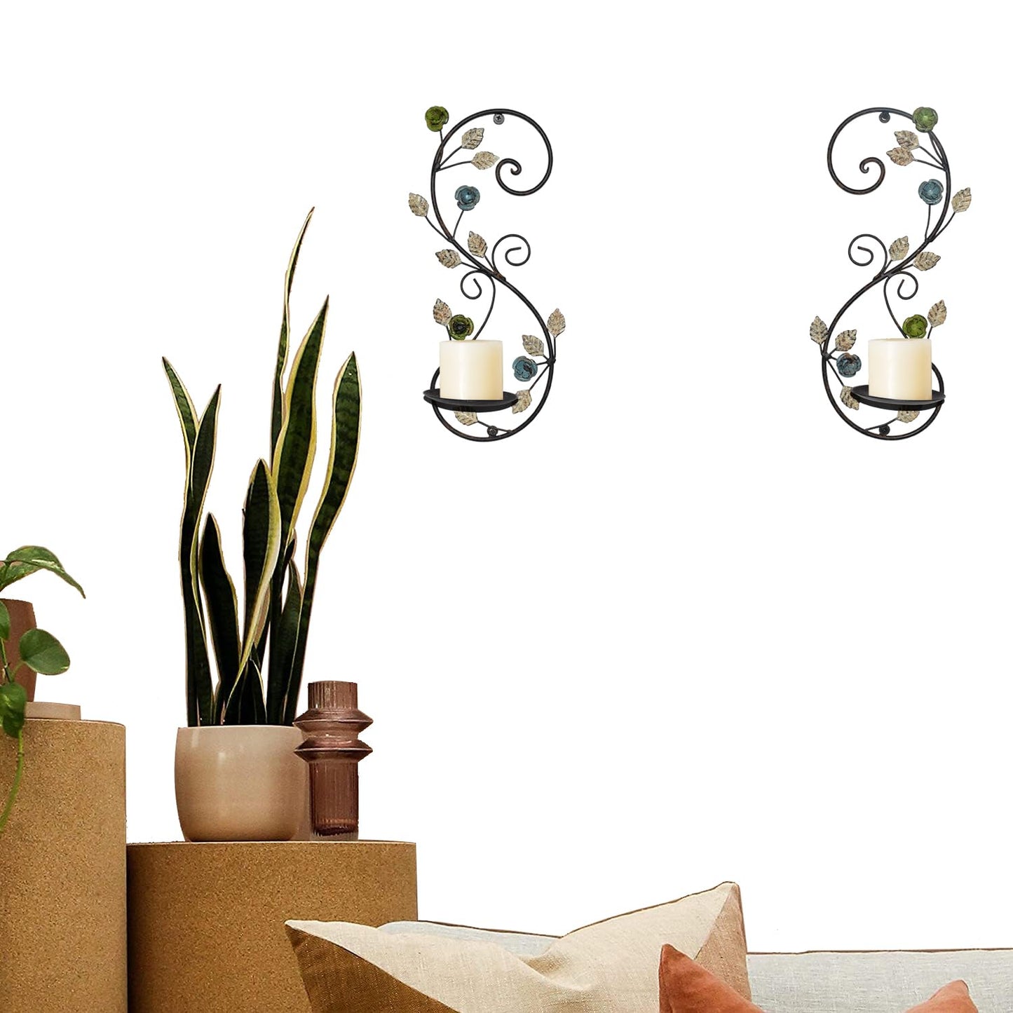 JUCONSIN Wall Sconces Candle Holder Set of 2, Antique Multi-Color Leaf Branch Wall Mount Hanging Metal Wall Candle Holder Candle Sconce for Living Room Dining Room…