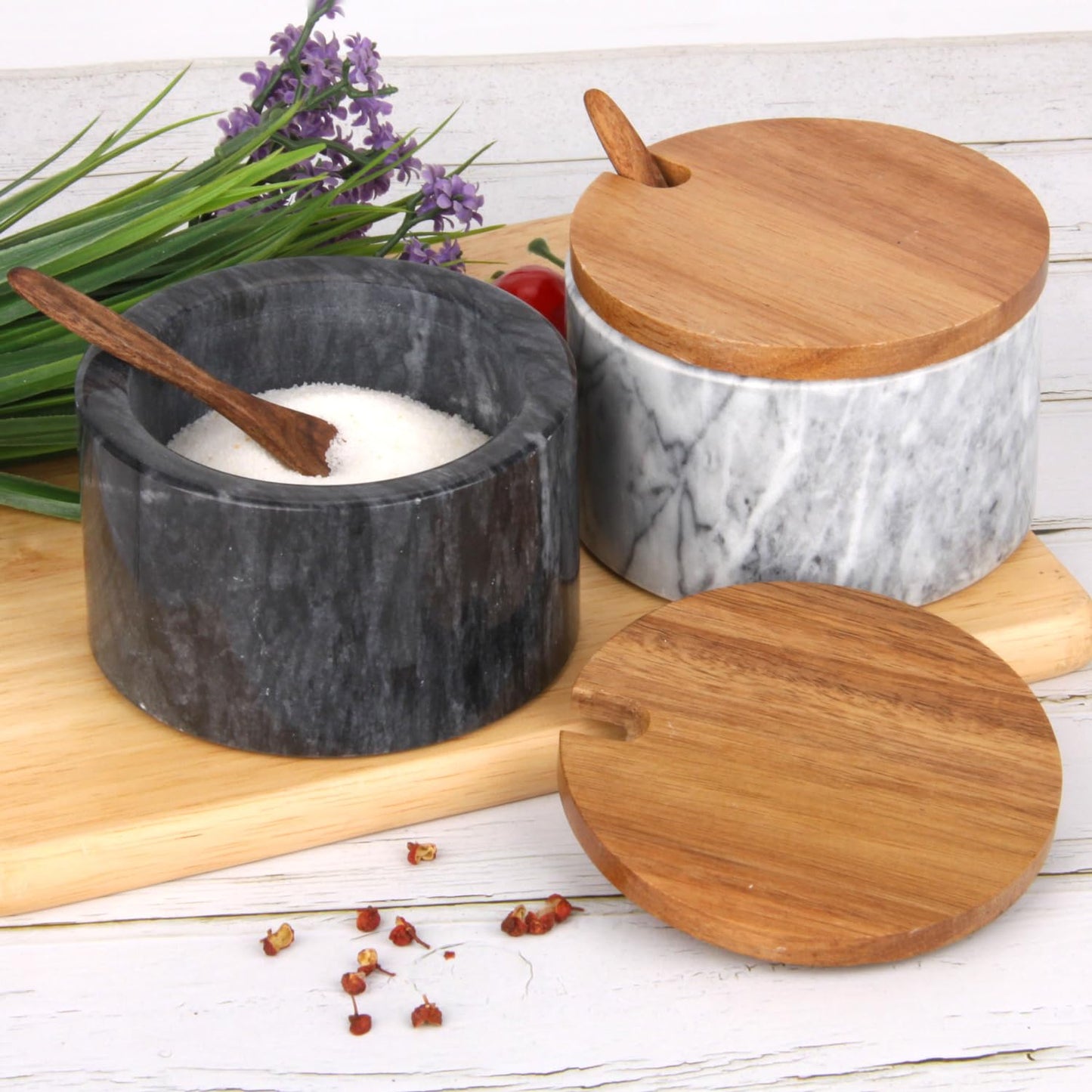 HESHIBI Marble Salt Cellar Box with Wood Lid & Spoon, Modern White Stone Salt or Pepper Sugar Spice Seasoning Bowl Container Jar Holder Well Keeper Dish Pig Crock for Kitchen (Light Grey Bowl)