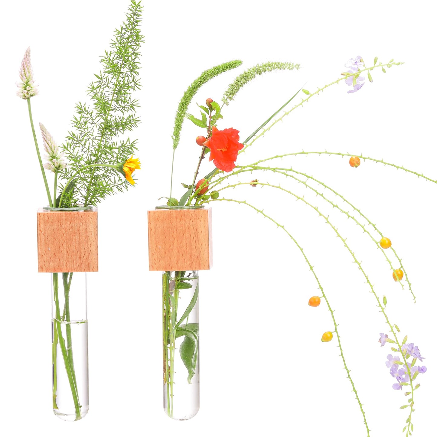Wooden Wall Planter Glass Plant Propagation Stations Fridge Glass Tube Single Stem Bud Vase 2Pcs/Set Modern Decorative Cube Wood Window Flower Vase Refrigerator Magnetic Mini Glass Vase with Dropper