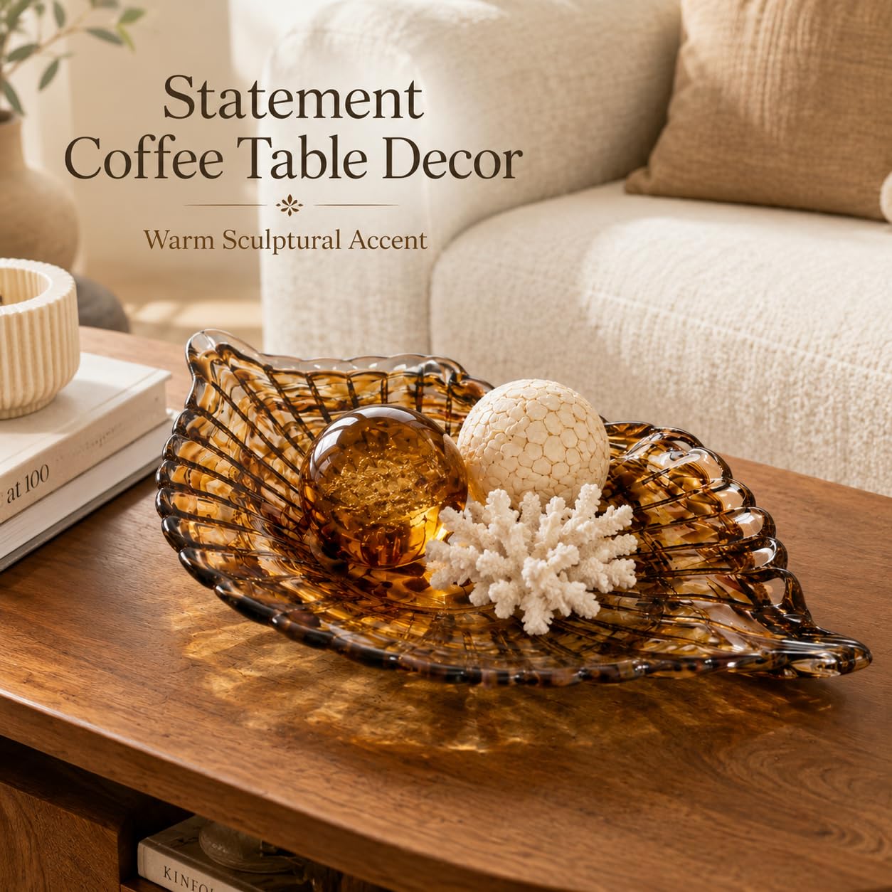 Hand Blown Glass Seashell Fruit Bowl,Gradient Decorative Glass Bowl for Kitchen Countertop,Coastal Seashell Serving Tray for Fruit Snacks,Art Table Centerpiece for Beach House Kitchen Decor (Brown)