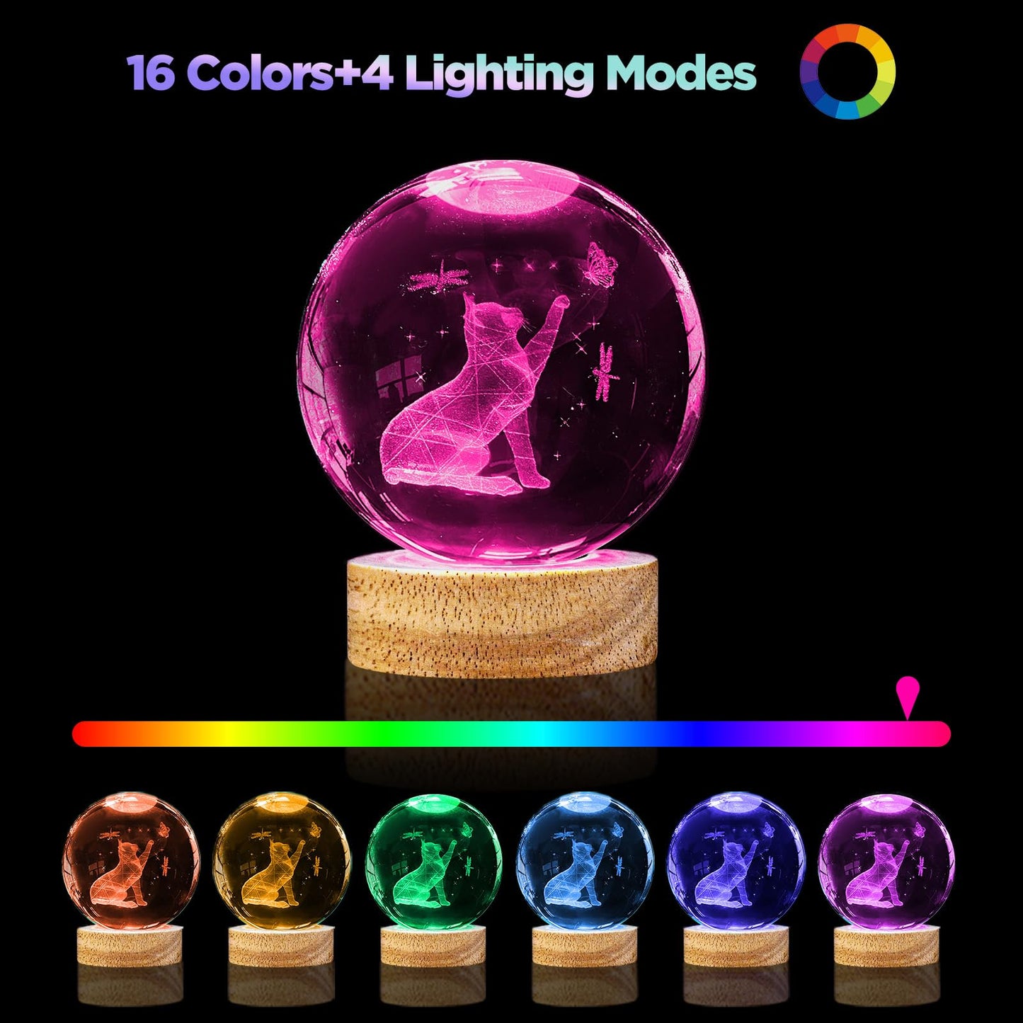 PYMIN3D 3D Crystal Cat Ball Night Light 3.15in K9 Lamp With 16 Colors Change Wooden Base and Remote Control Christmas Gifts for Cat Lovers Girl Women Friends