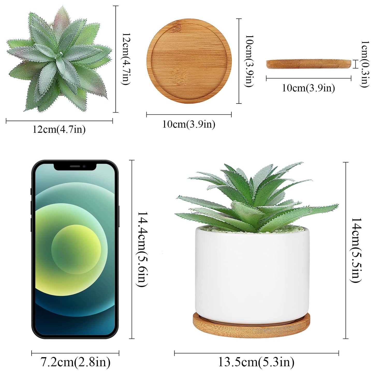 Hopewood Cute Indoor Decor Plants, Artificial Succulent Plants in Ceramic Pots with Bamboo Tray, Faux Potted Plants Set of 3