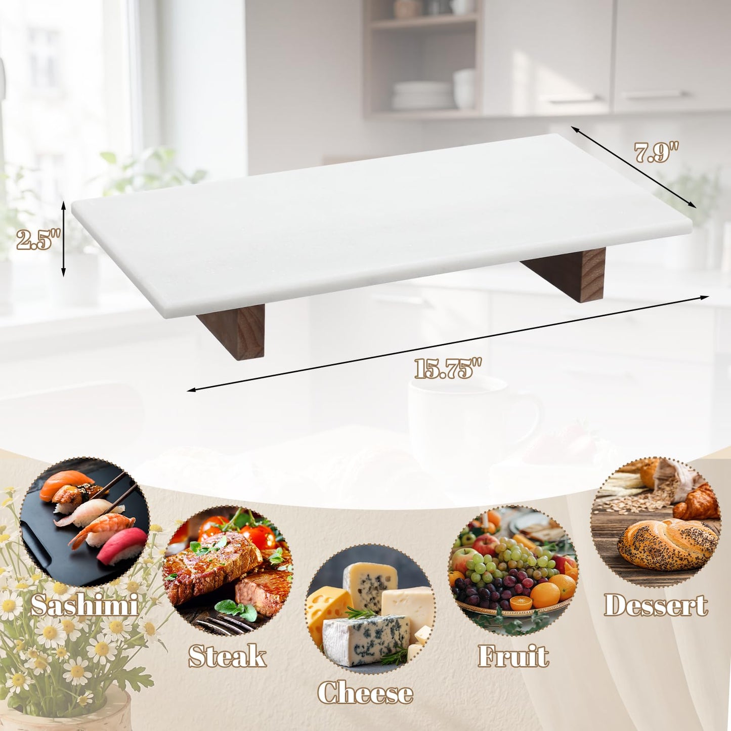 Yiyiring Marble Charcuterie Board Display White Cheese Cutting Footed Stand Tray with Wooden Feet 15.75"L x 8" W x 2.5" H for Vanity, Kitchen and Serving, or as a Gatherings Elegant Cheese Board Gift