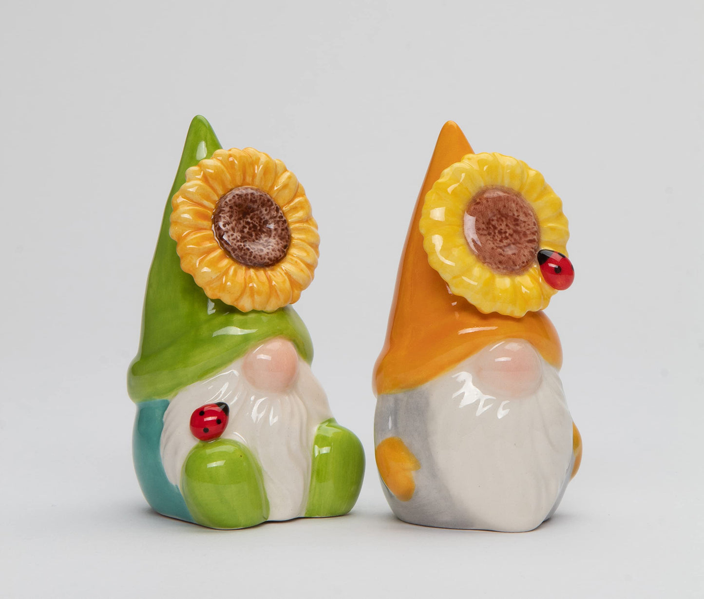 Fine Ceramic Sunflower Lady Bug Gnome Salt & Pepper Shakers Set, 3-3/4" H