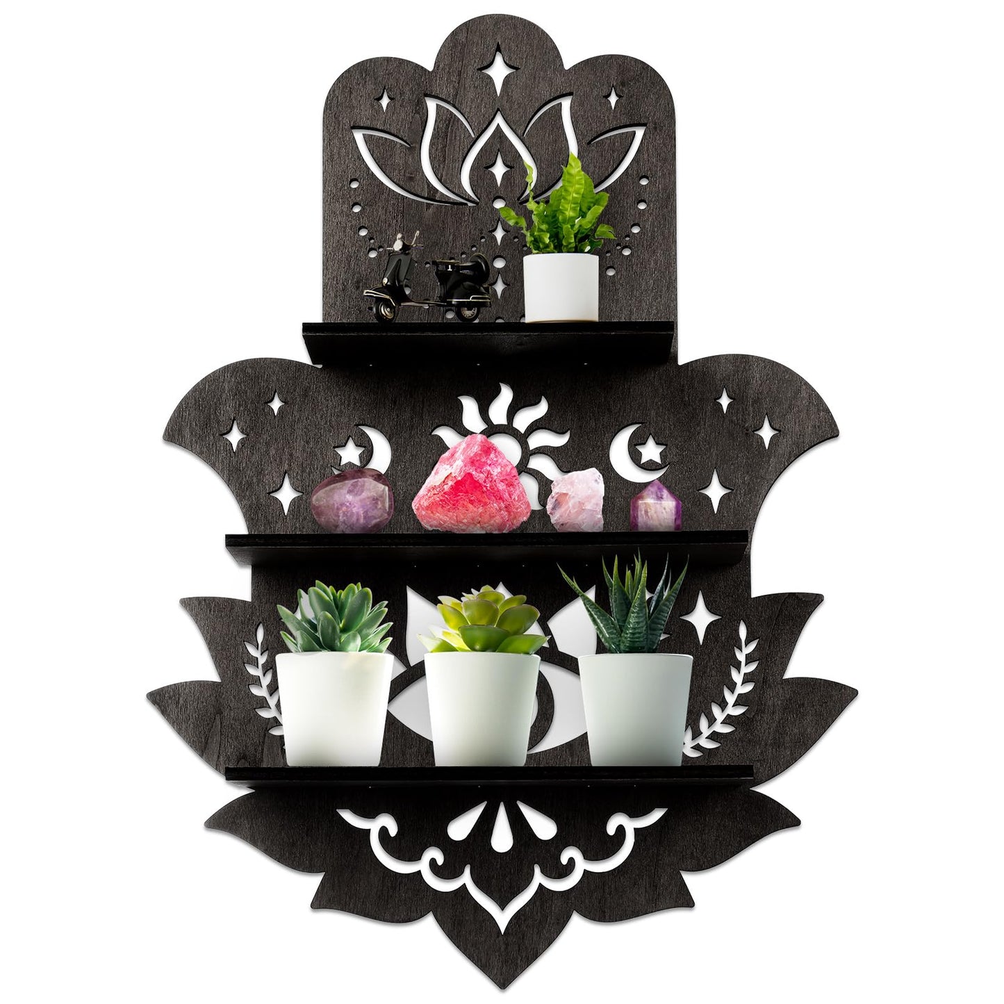Maitys Hamsa Wall Decor Lotus Crystal Shelf Display for Evil Eye - Large 17'' Hamsa Hand Boho Wooden Hanging Crystal Holder Aesthetic Zen Meditation Spiritual Gift Witch Yoga Decor (Black)