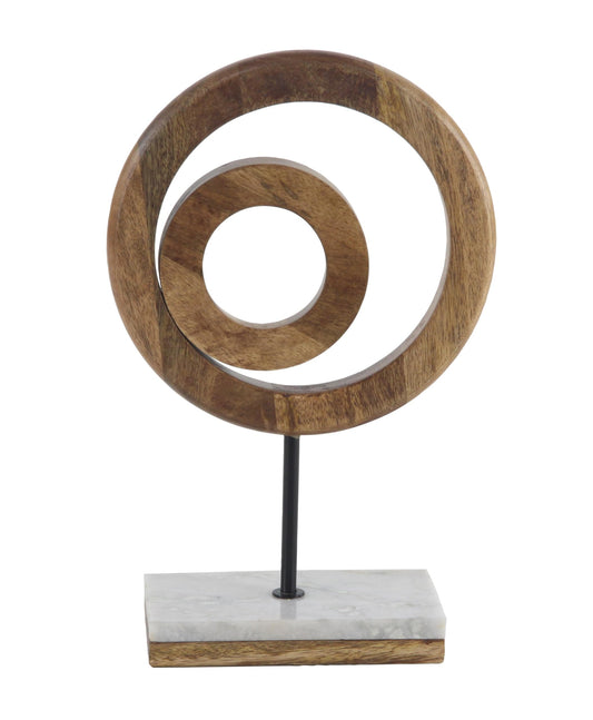 Deco 79 Mango Wood Geometric Decorative Sculpture Circle Home Decor Statue with Marble Stand, Accent Figurine 9" x 4" x 13", Brown