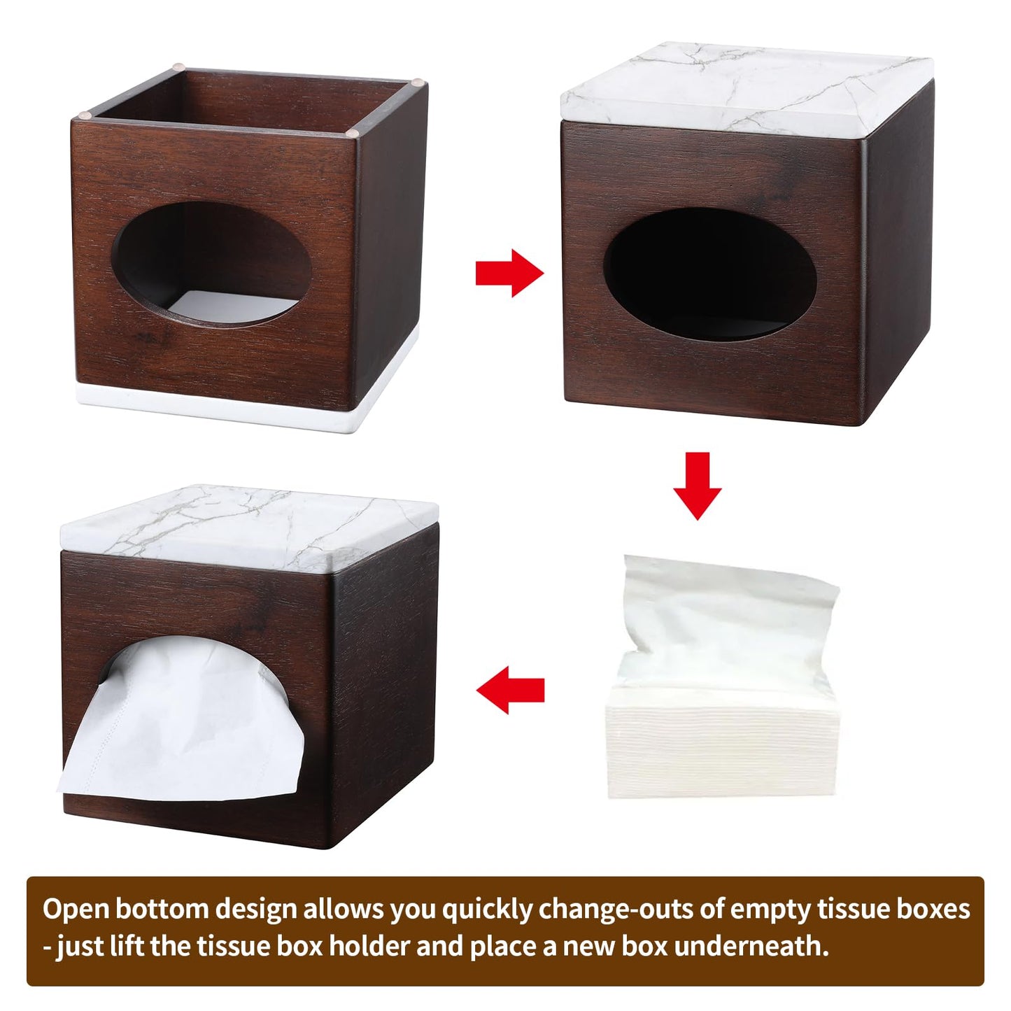 Tissue Box Cover Marble top (Dark) Tissue Cover for Bathroom Tissue Box Cover Cube for Home Office Table Counter Square Marble top Tissue Holder with stoarge Tray