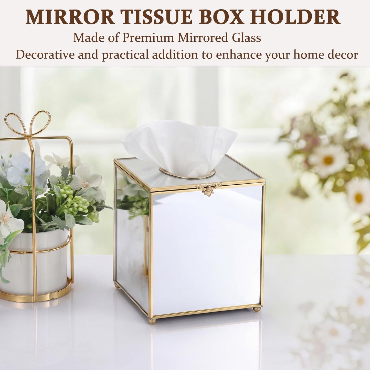 Sumnacon Square Glass Tissue Box Cover with Lid, Mirrored Cube Tissue Box Holder for Bathroom Home Office, Gorgeous Gold Facial Tissue Dispenser for Dresser Vanity Countertop Night Stand
