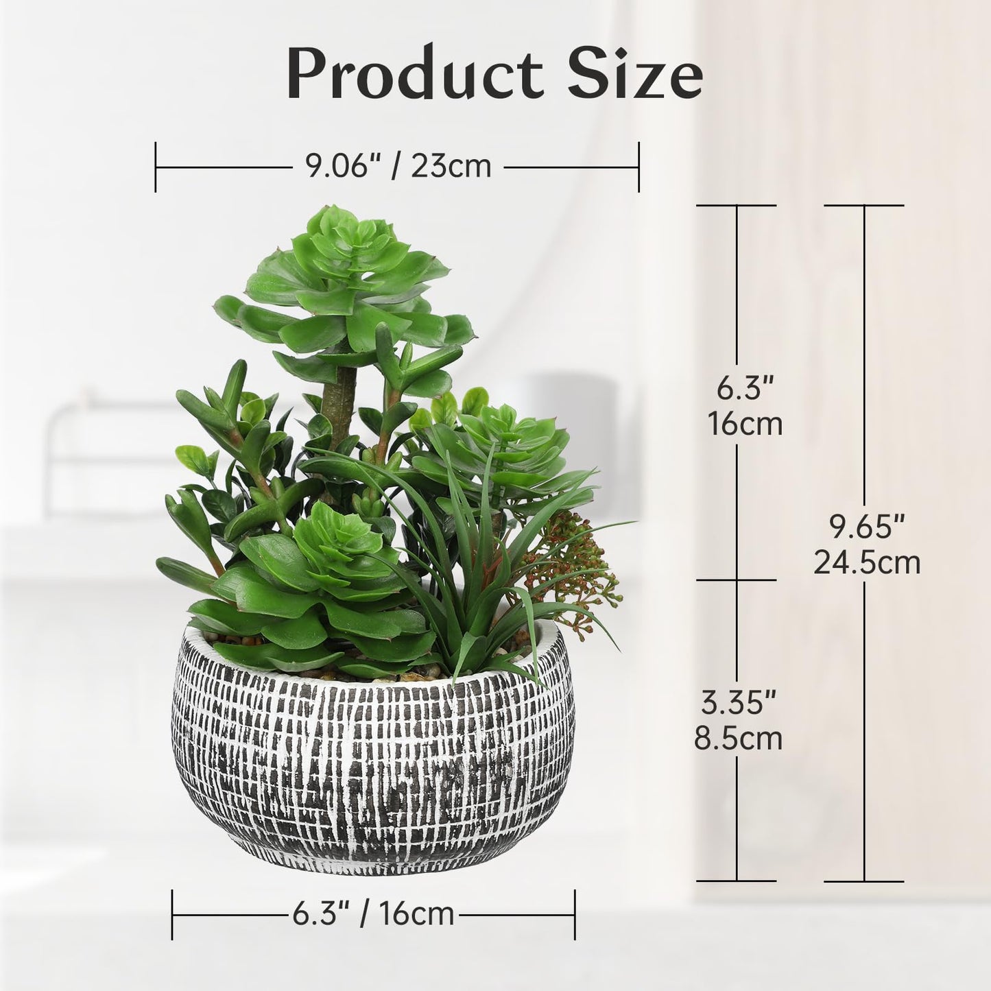 Villa Como 10” Large Succulents Plants Artificial in Ceramic Pots Potted Faux Succulent Arrangement with Black Bowl Pots Fake Desk Succulents Plants for Home Bathroom Shelf Table Indoor Decor