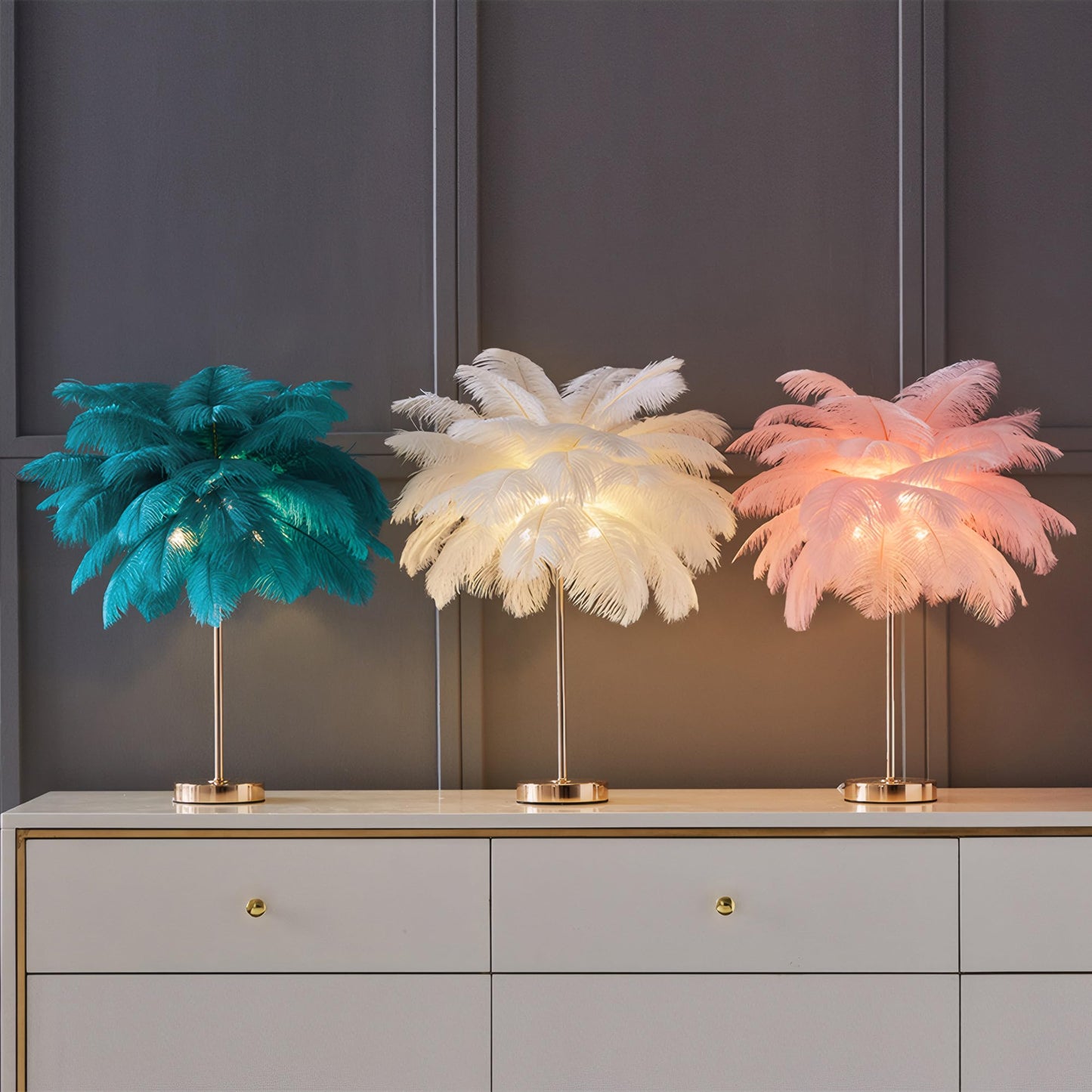 LINCWONZ White Ostrich Feather Lamp,3-Color Temperatures Table Lamps for Girls Bedroom Funky Unique Cute Bed Side Nightstand Gold Desk Light (Blue-Green)