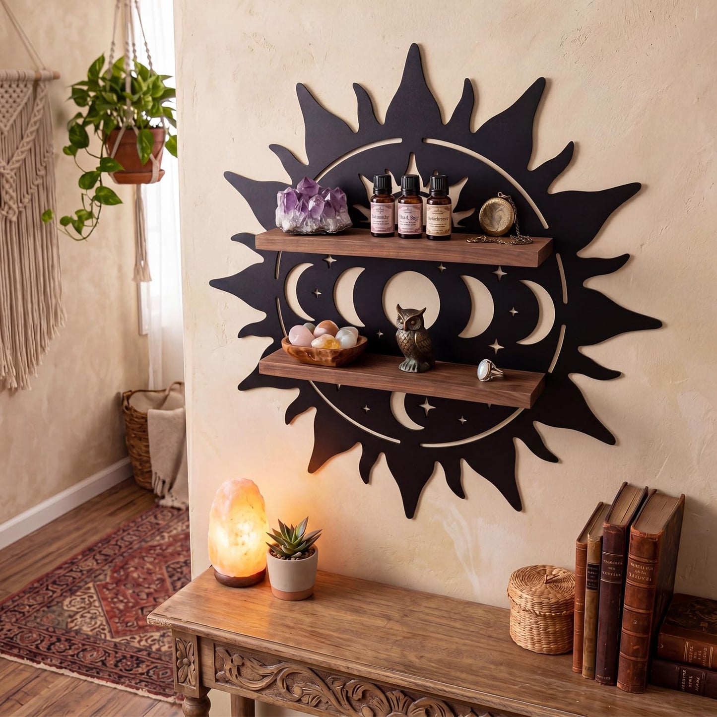 Moxweyeni Crystal Display Shelf for Wall, 11.8 Inch Sun Shape Floating Wooden Shelf with Iron Backing, Boho Wall Hanging Decor Organizer for Crystals, Stones, Gems, Home