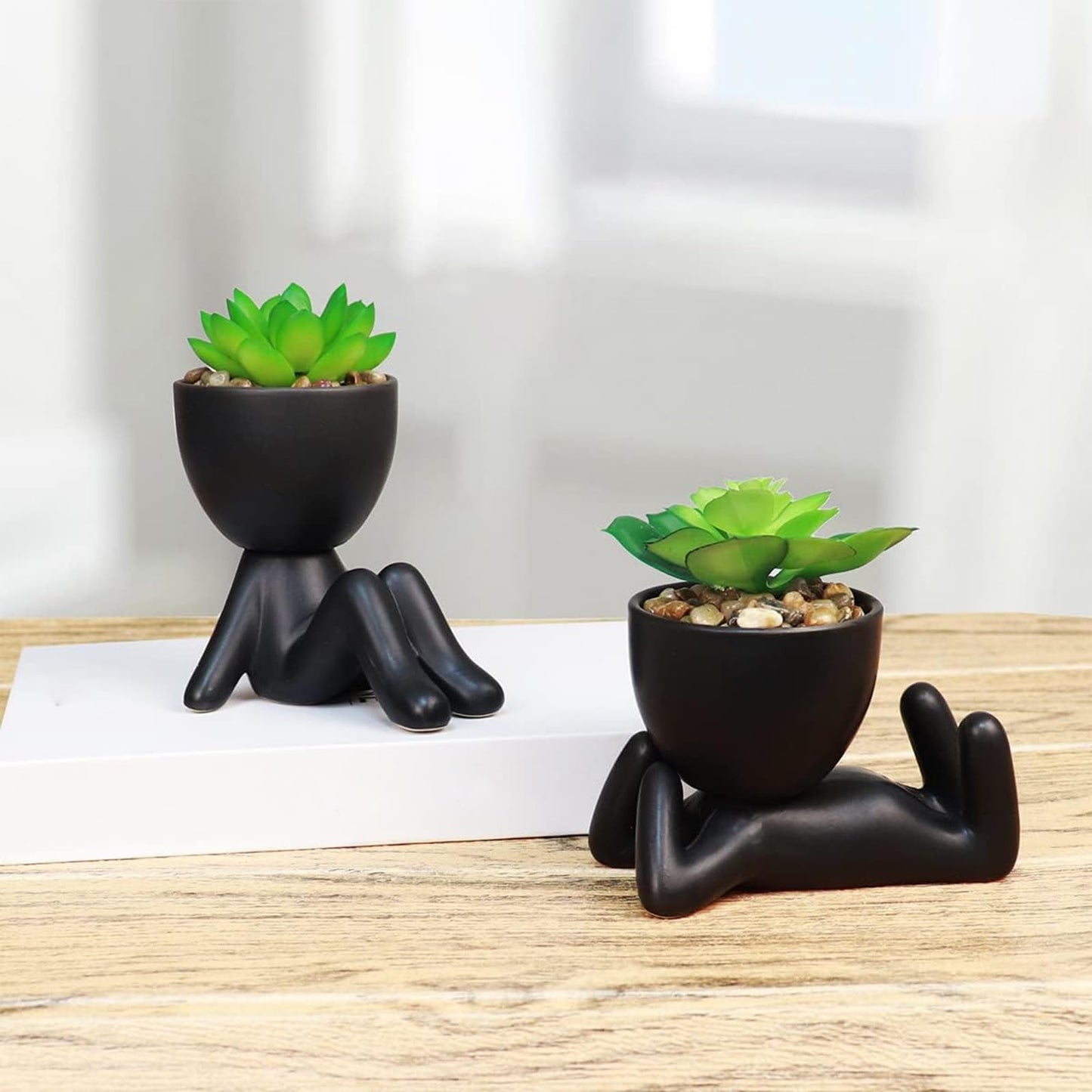 Zerzsy 3pcs Creative Artificial Succulents with Gray Flower Pots Bundle with 2PCS Cute Artificial Succulent Plants with Creative Human Shaped Pots