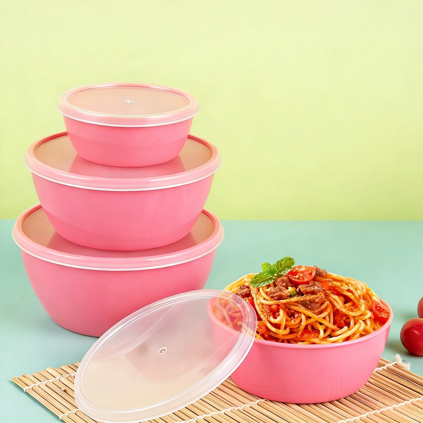 SCWBOEII 4-Piece Classic Plastic Prep Bowls with Lids, Nesting Plastic Small Mixing Bowl Set for Mixing, Baking, Prepping, Cooking and Serving Food, Microwave and Dishwasher Safe (Pink)