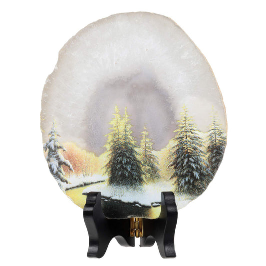 mookaitedecor Natural Agate Slice Art Print Forest Pattern Table Display with Wooden Stand, Irregular Agate Geode Stone Figurine for Office & Home Decoration
