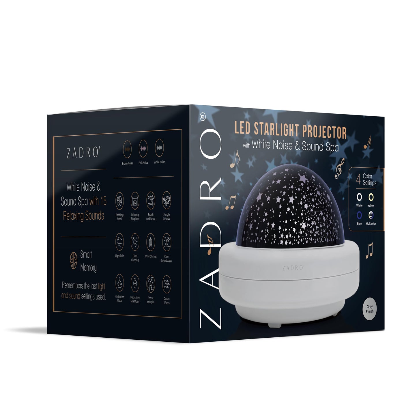 Zadro LED Star Night Light for Kids Room Starlight Projector with Multi Color Starry Nights Globe and Variety of Sounds (8" Dia. by 5.5" Tall, Gray)