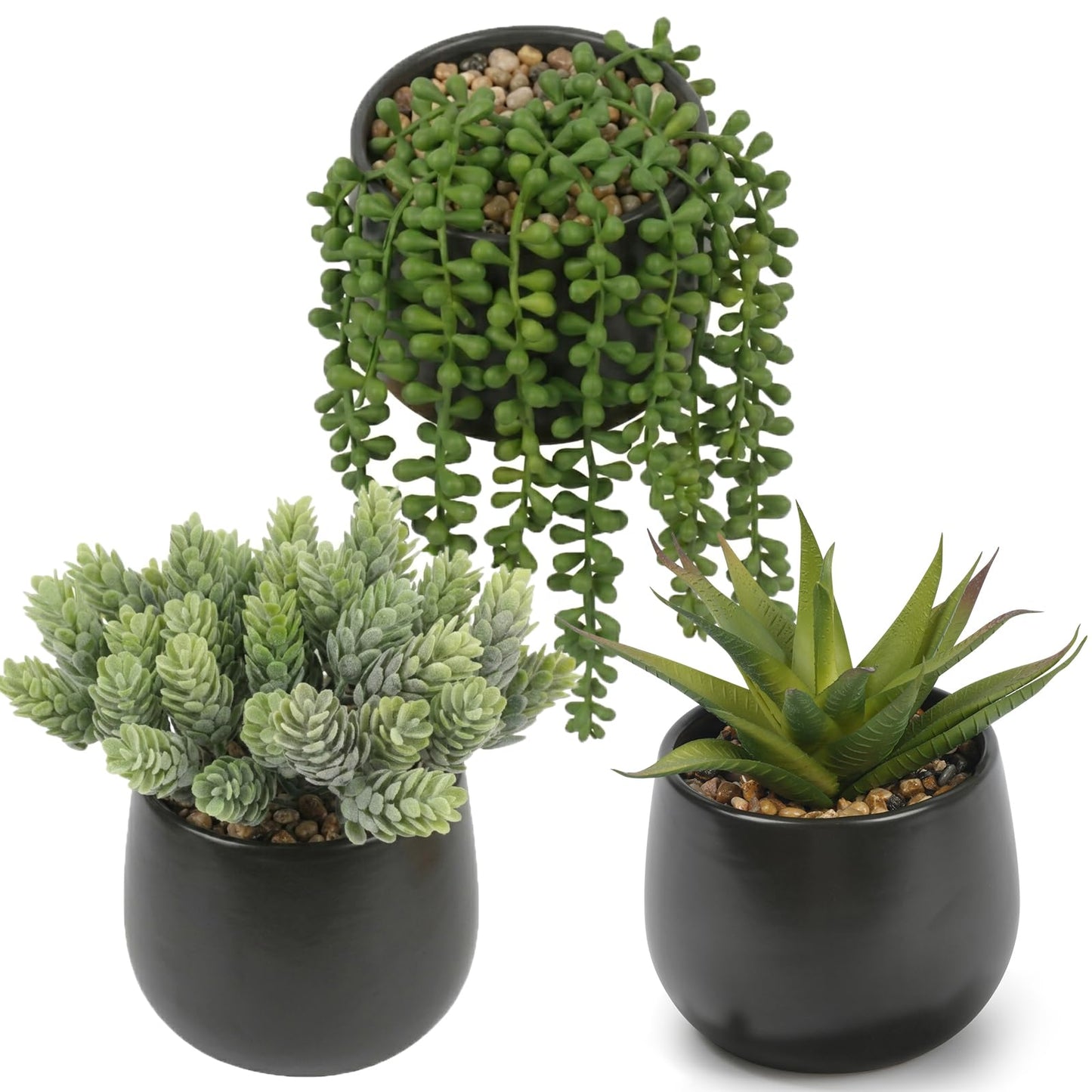 Velener Artificial Succulents Plants in Black Pots (Set of 3) - Faux String of Pearls, Aloe & Sedum Potted Plants Small Fake Plants Indoor for Home Office Table Desk Shelf Kitchen Bathroom Decor