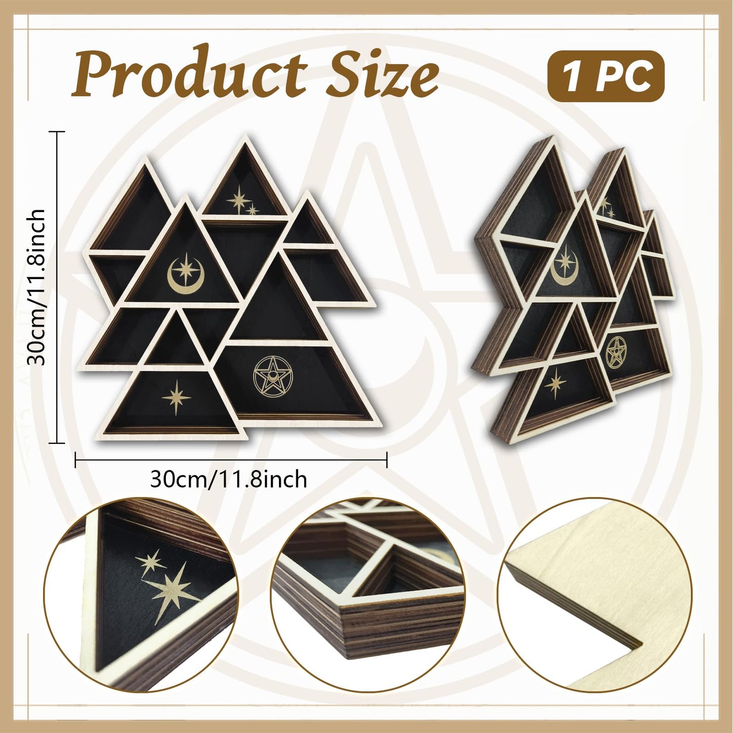 peacoblue Mountain Shaped Crystal Display Shelf 11.8" L× 11.8" W× 1.2" Wooden Wall Mounted Decor with Multiple Compartments for Crystals, Gemstones & Trinkets for Bohemian, Witchy & Modern Interiors