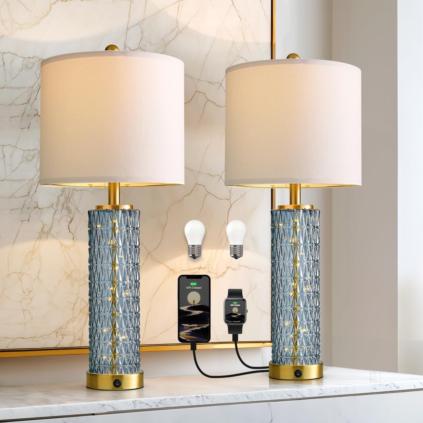 Oneach 27.75” Table Lamps Set of 2, Blue Modern Bedside Lamp with LED Night Light, USB A+C, Glass Lamps for Living Room, Bedroom, Nightstand, Office, End Table (2 Bulbs Included)
