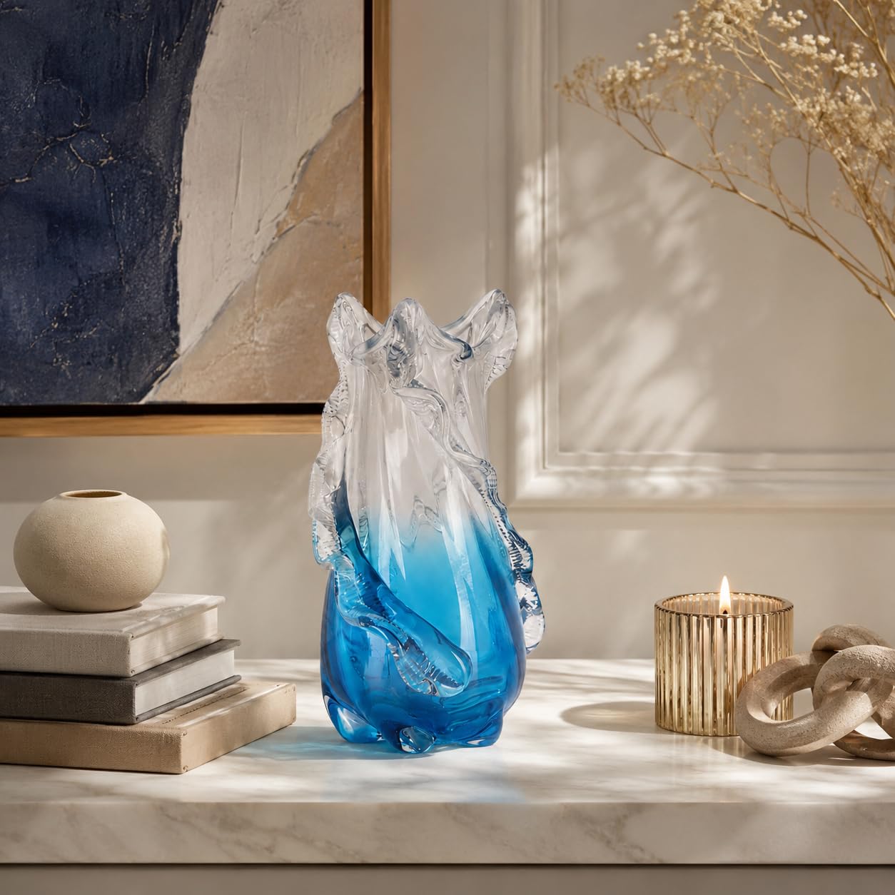 Hand Blown Blue Glass Vase, Sea Glass Ombre Wavy Coastal Vase, Murano Style Decorative Glass Vase for Home Centerpiece, Coffee Table, Living Room & Office Decor (Medium)
