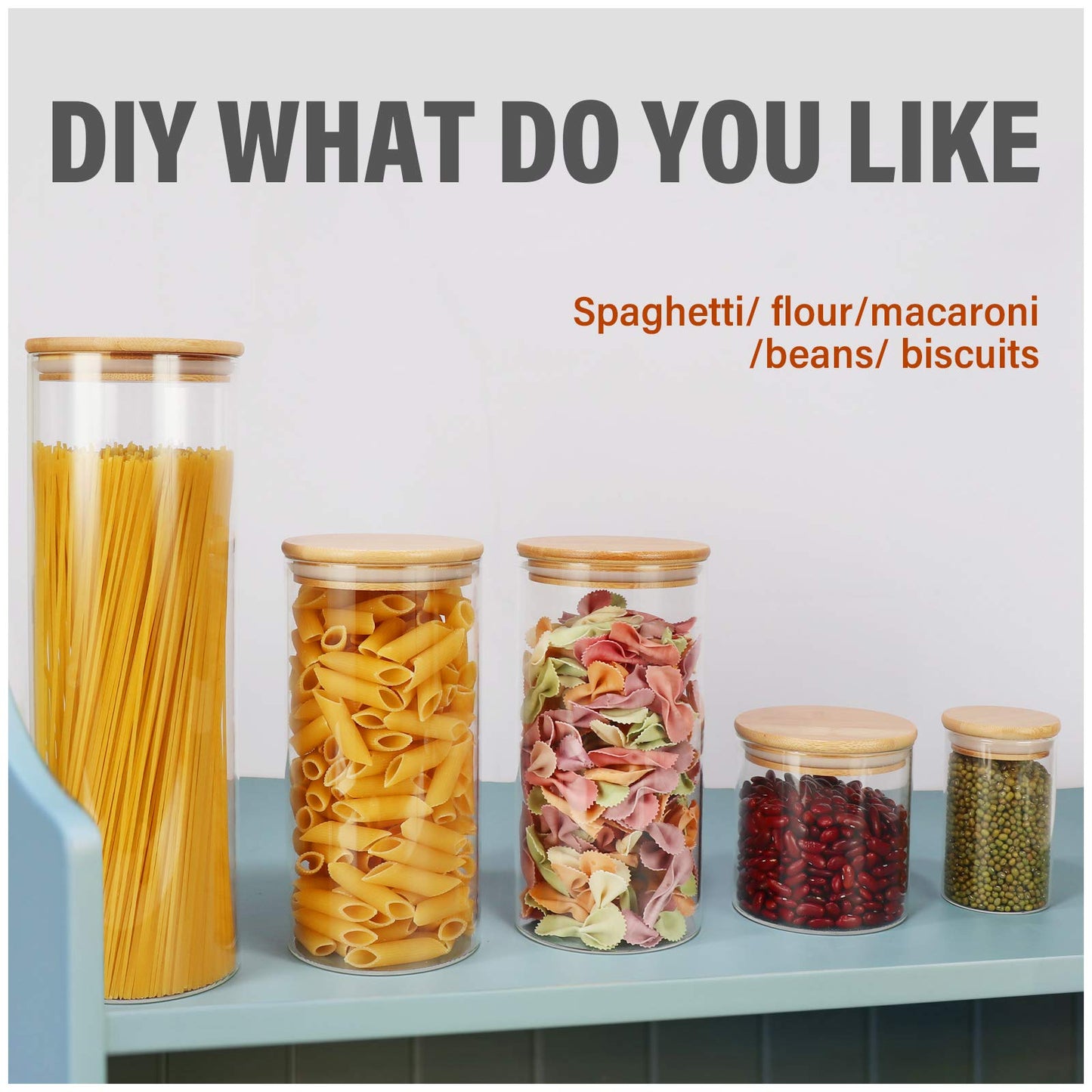Glass Food Storage Containers Jars with Airtight Bamboo Lid 16 oz 9 pcs, 490 ml Pantry Organization Jar, Glass Terrarium with Lid, Spice, Flour and Sugar Container, Canister Set for Kitchen Counter