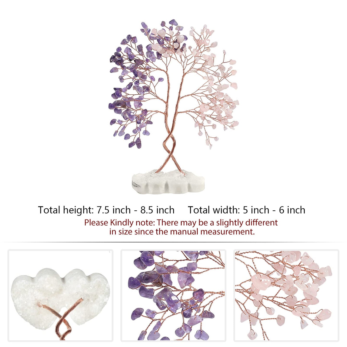 Rockcloud Rose Quartz&Amethyst Money Tree in Double Heart Rock Quartz Base