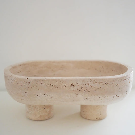WILD WORKS Travertine Fruit Bowl, 10.2" Oval Beige Stone Serving Bowl for Kitchen Counter & Dining Table, Handcrafted Decorative Centerpiece with Non-Slip Feet for Home Decor
