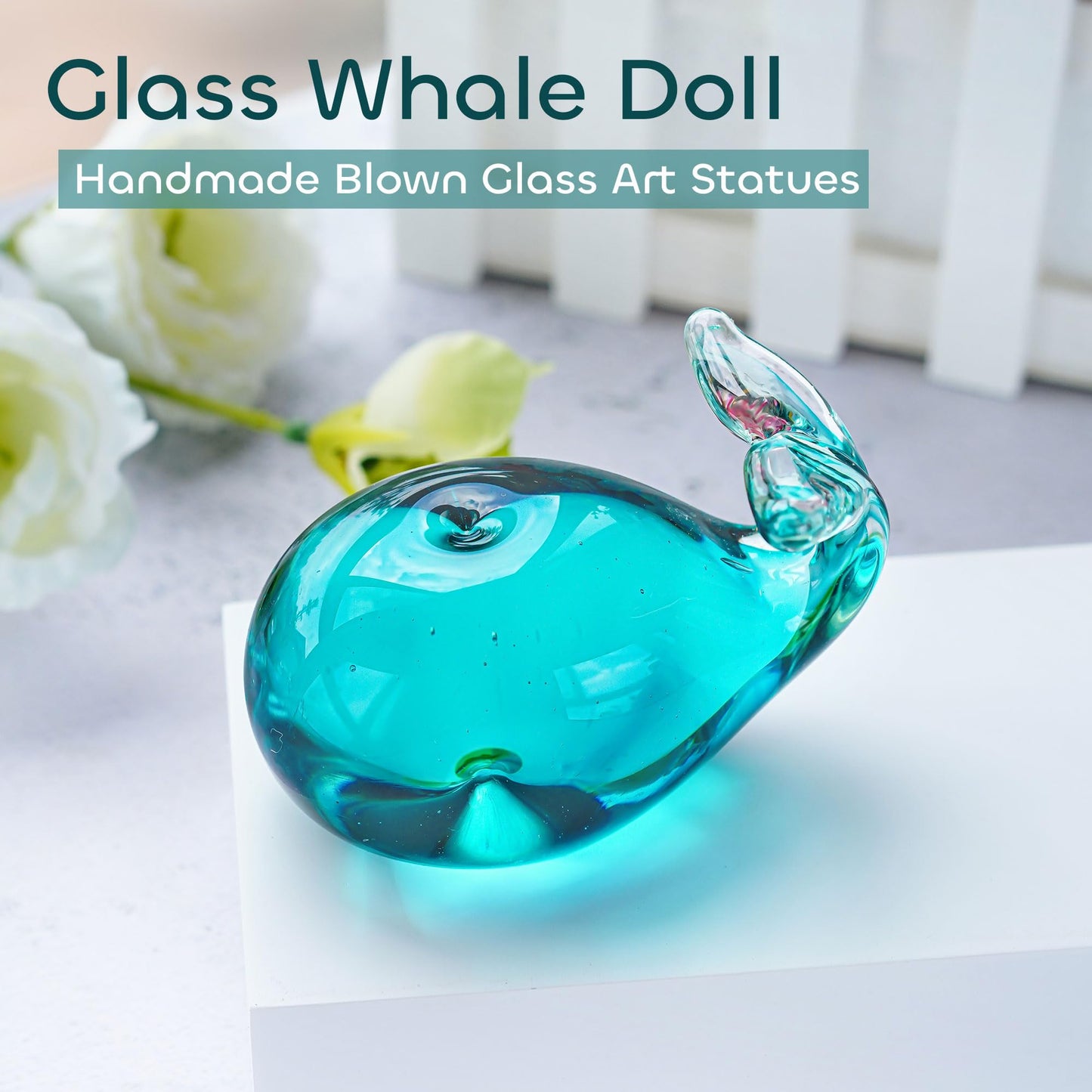 HDCRYSTALGIFTS Blown Glass Whale Figurine Collectibles 3.5'' Handmade Glass Sea Animal Paperweight Aquarium Decor Gift for Mom Women Ocean Lovers