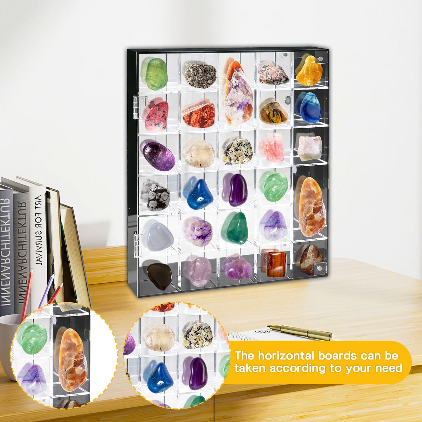 Adjustable Display Case Rock Acrylic Box with Mirror Back,Wall Mountable,30 Grid Crystal Collection Shelf Storage for Minerals,Gems,Jewelry,Wall Crusher Stone Clear Shadow Cabinet Cases Collectibles