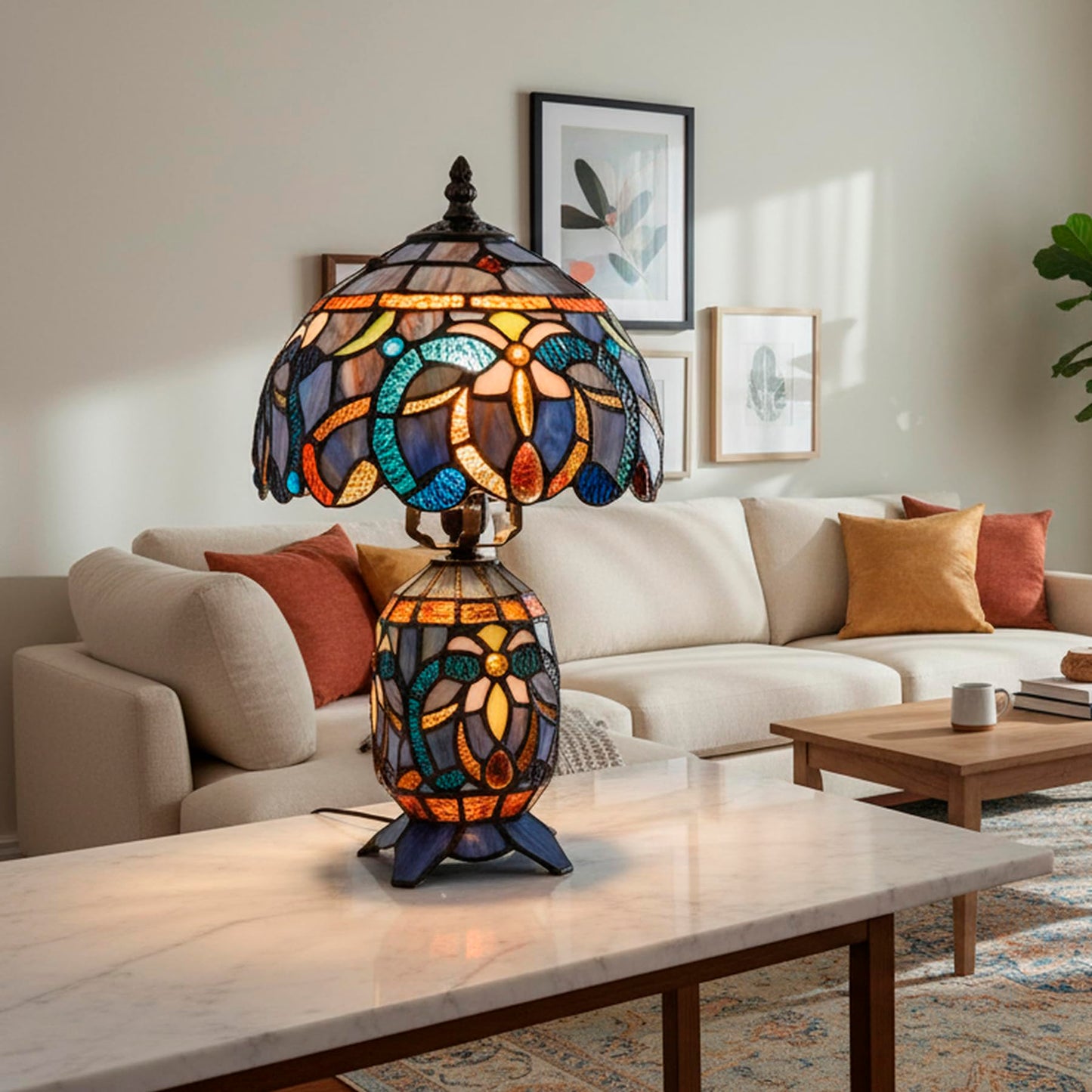 TCODTPOL Small Tiffany Stained Glass Table Lamp 8X14 Inches (Blue Purple)