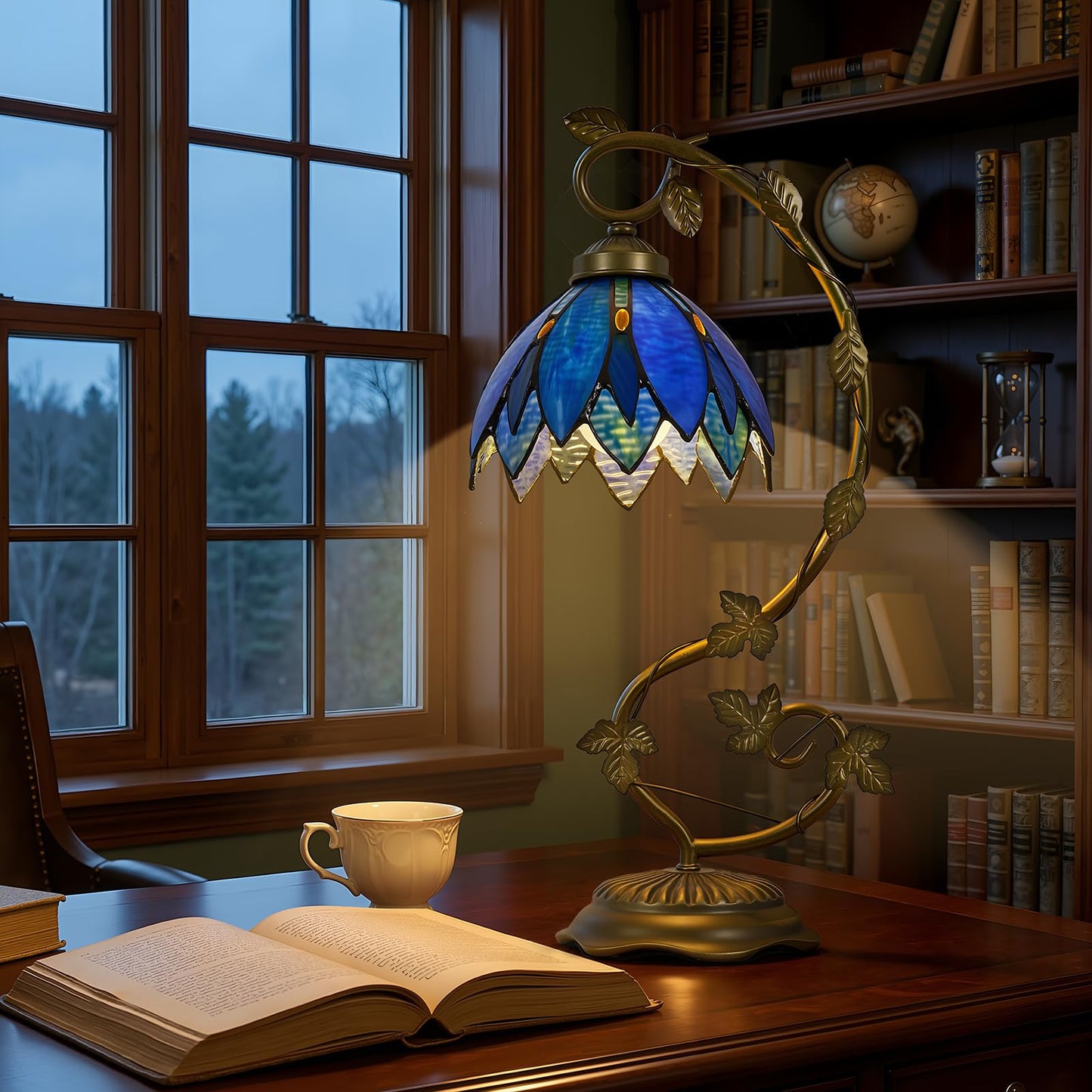 Drqvonth Tiffany Table Lamp, Blue Petal Stained Glass, Metal Leaf Base