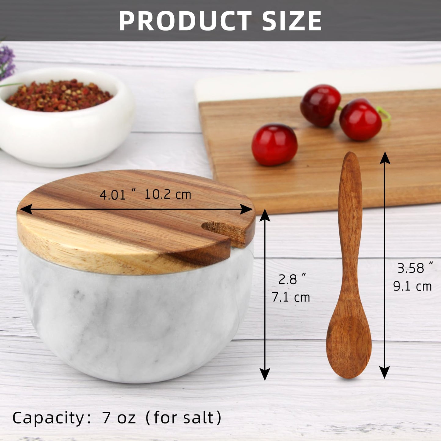 HESHIBI Salt Cellar Box with Lid & Spoon, Modern White Stone Salt or Pepper Sugar Spice Seasoning Bowl Container Jar Holder Well Keeper Dish Pig Crock for Kitchen (White Grey Marble Bowl)