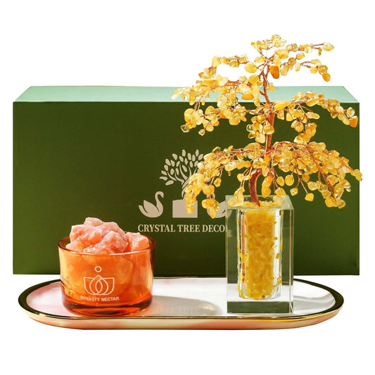 Runyangshi Citrine Crystal Tree of Life & Natural Crystal Ore Diffuser Set for Office Desk Living Room Home Decor Gemstone Tree for Money Positive Energy Feng Shui Good Luck Gift for Women and Mom