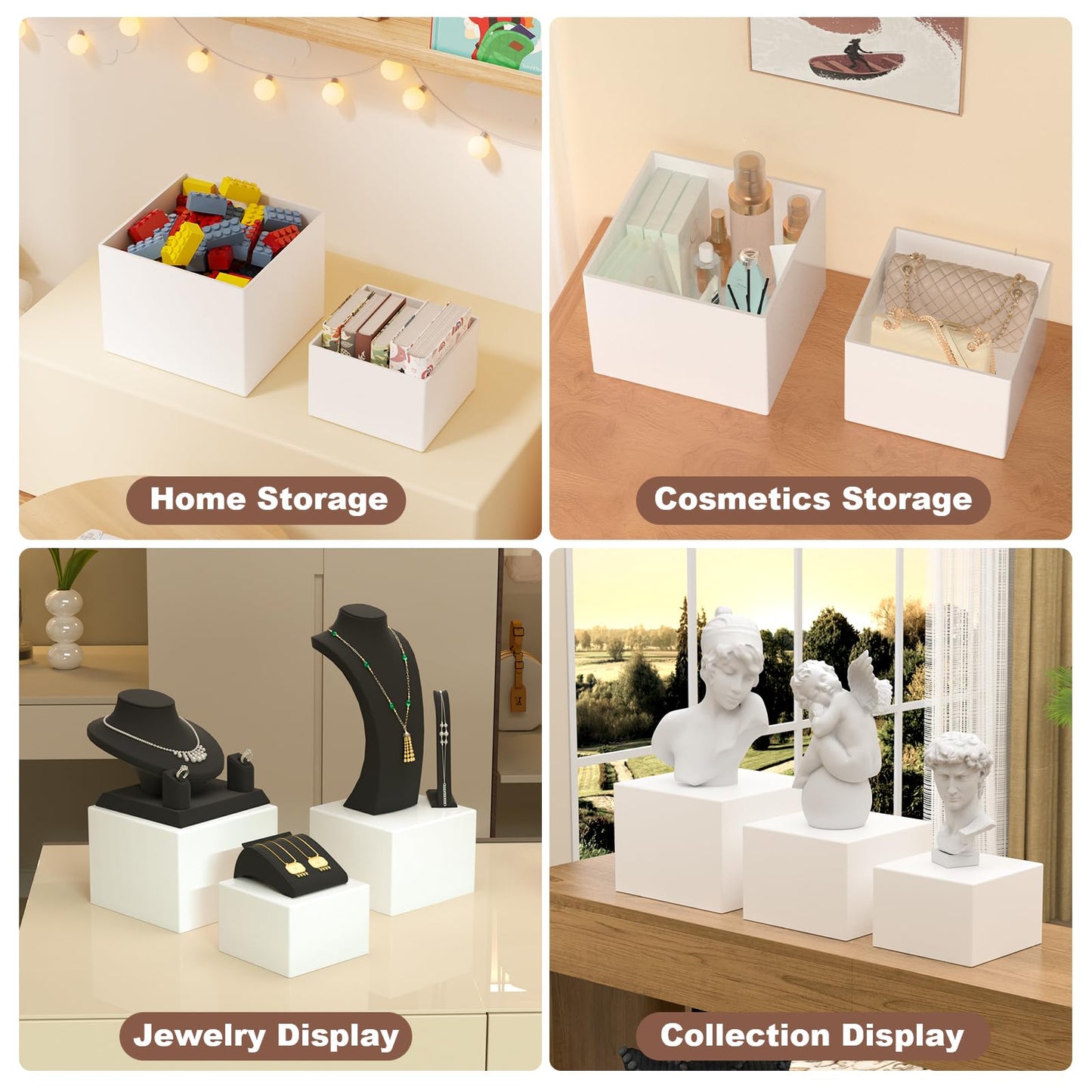 KOLIPI 3Pcs Buffet Risers, Food Risers for Buffet Table, Acrylic Boxes for Display Cube Riser Display Stand for Party Catering Dessert Collectibles, White Set (Size 8", 7", 6")