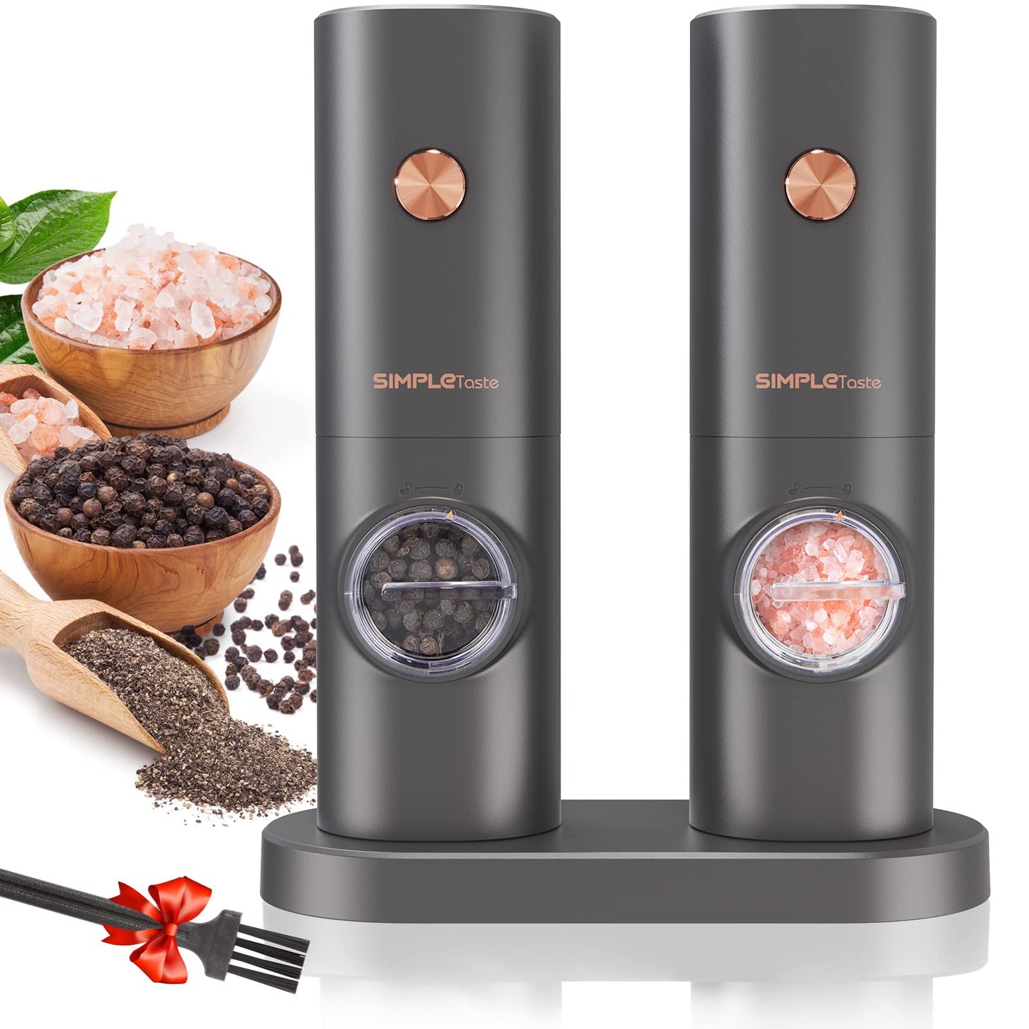 SIMPLETASTE Electric Salt and Pepper Grinder Set with LED Light, Automatic Pepper Mill Shakers with Adjustable Coarseness, One Hand Operation for Kitchen, Dining, Gifting, Space Gray, Battery Operated