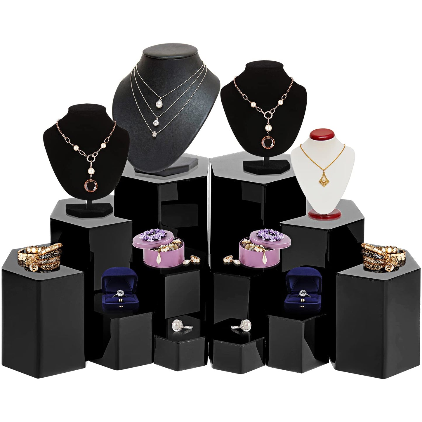 Jetec 12 Pcs Hexagonal Jewelry Display Risers Hexagonal Market Display Risers Stands Acrylic Showcase Acrylic Stand for Jewelry Model Figures Decoration, 6 Sizes (Black)
