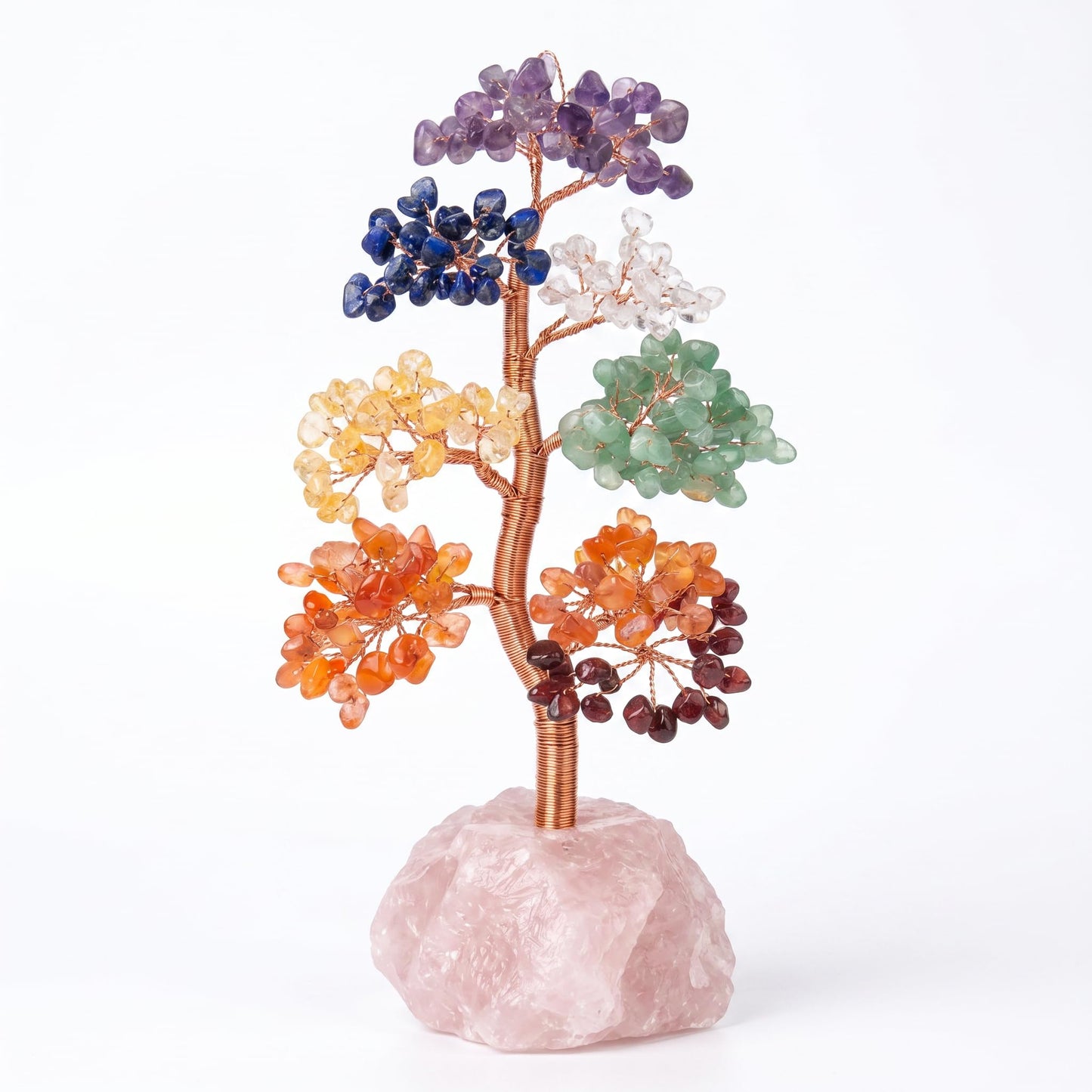 Fatonio Natural 7 Chakra Crystal Money Tree with Raw Rose Quartz Base