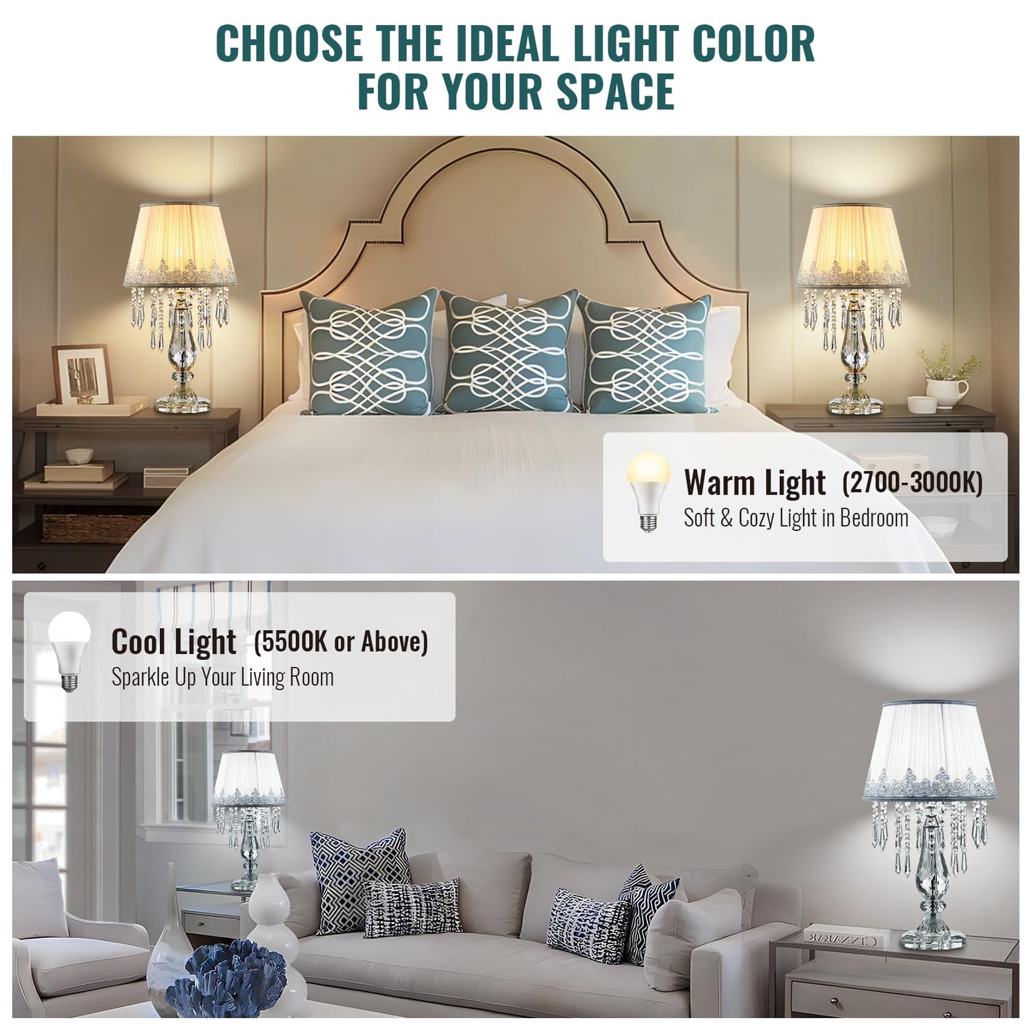 Siljoy Crystal Table Lamp Set of 2, Dimmable Bedside Lamp with Fabric Shades, Farmhouse Nightstand Lamps with K9 Crystal Strands for Living Room Bedroom 22.8 High