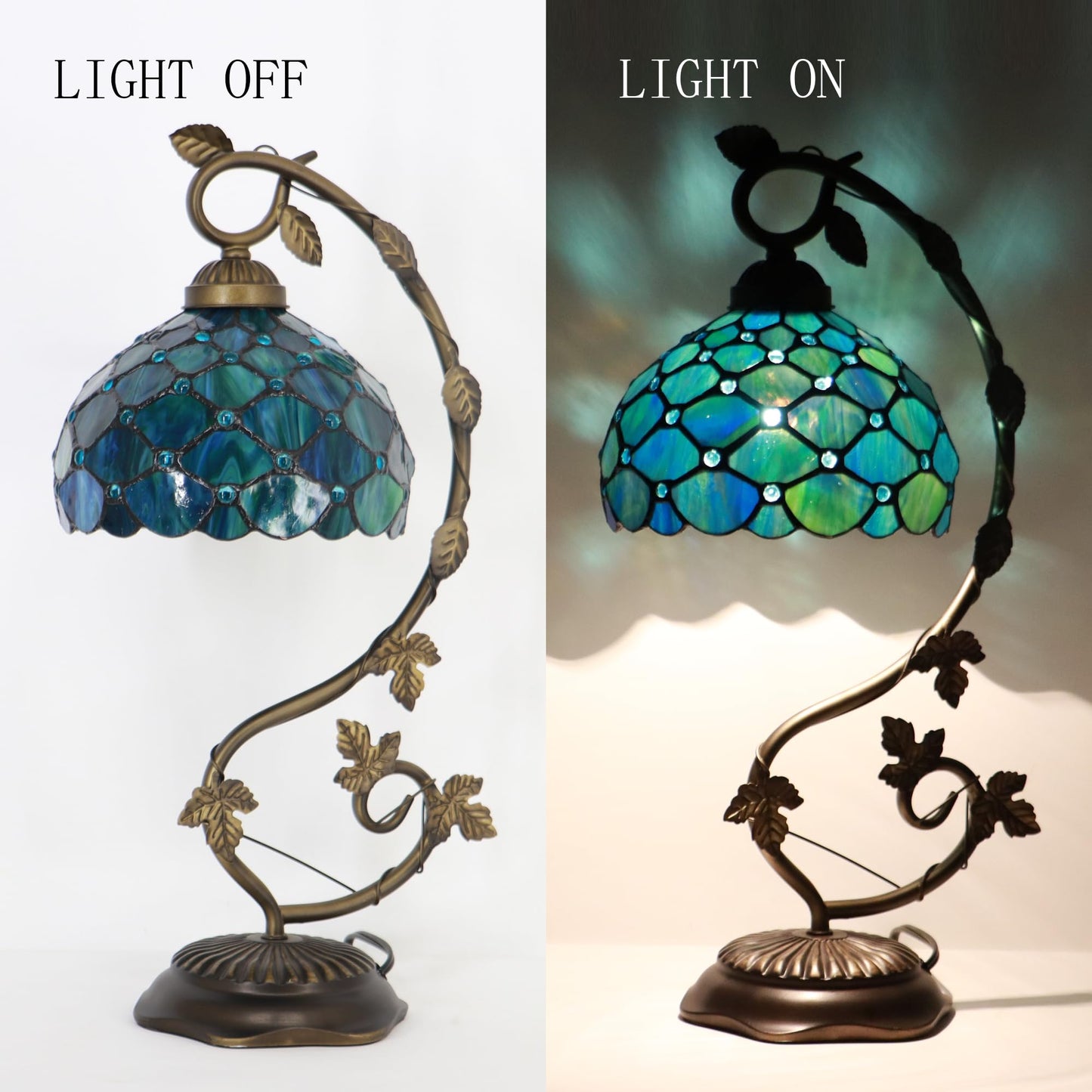 LXHCYOU Tiffany Table Lamp, Stained Glass Desk Light, 8X10X21 Inches, Metal Leaf Base (Sea Blue Pearl Style)