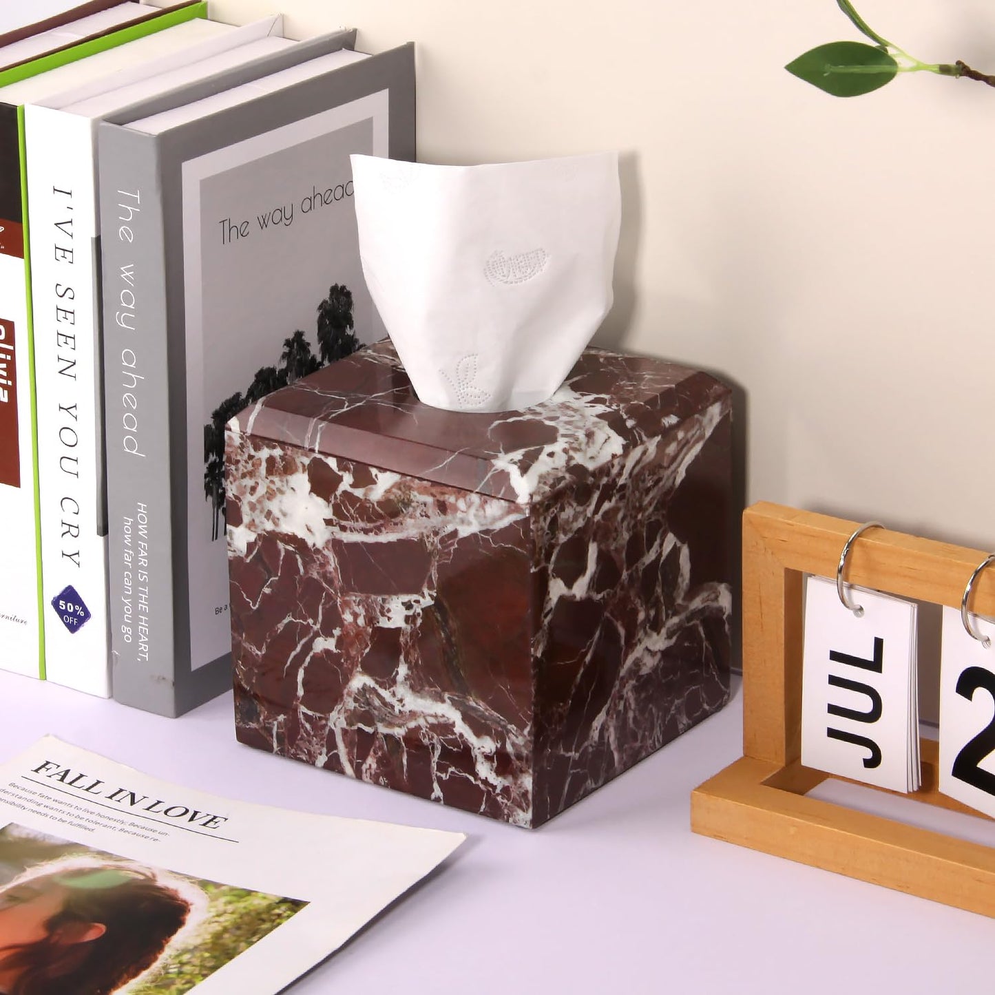 Natural Marble Square Tissue Box Cover ,Stone Modern Decorative Sturdy Napkin Box Holder Case,Facial Paper Organizer for Bathroom Vanity Toilet Countertop,Kitchen (1, Rosso Lepanto, 5.71*5.71*5.51)